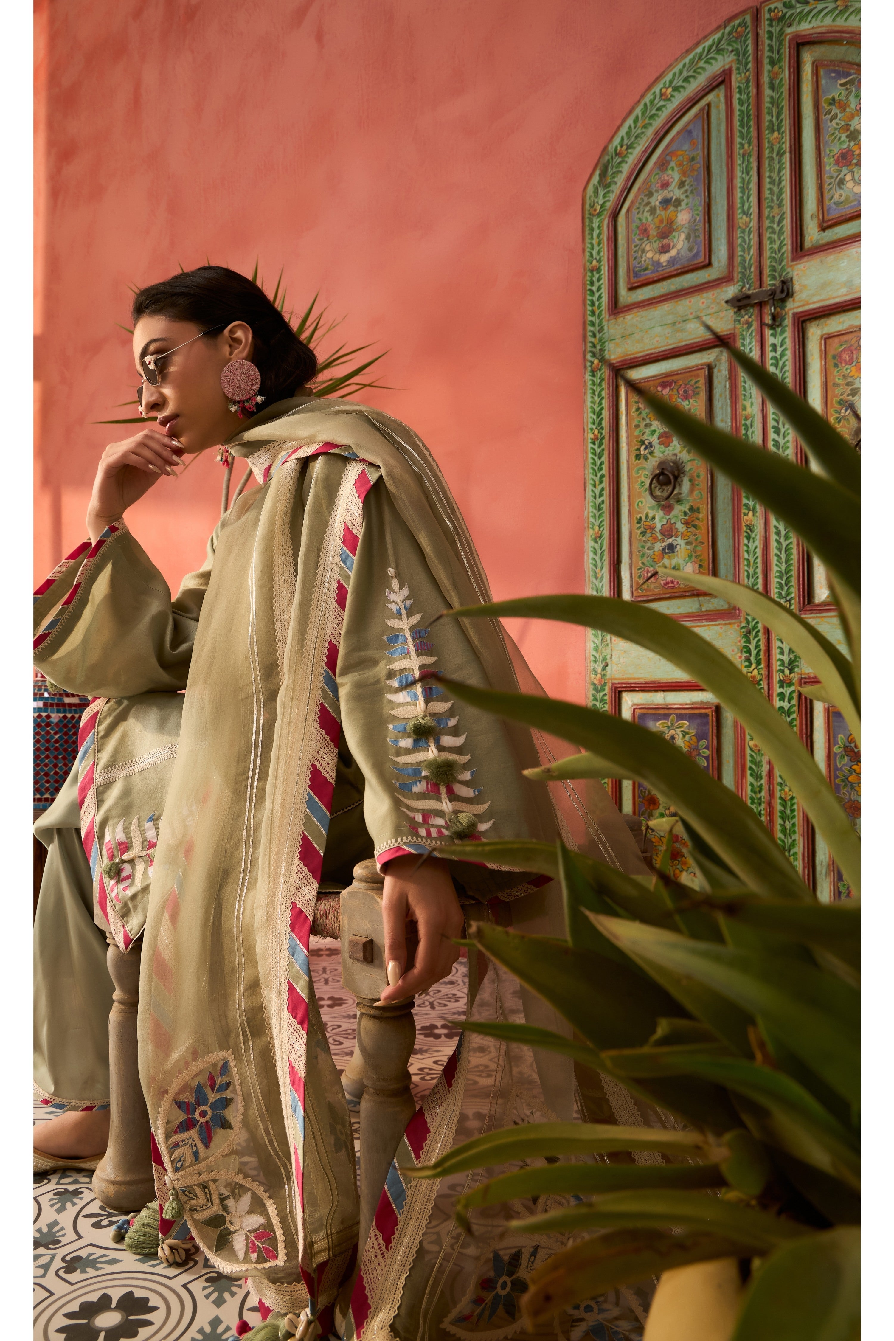 Ikat Applique A-Line Short Kurta With Dhoti Pants