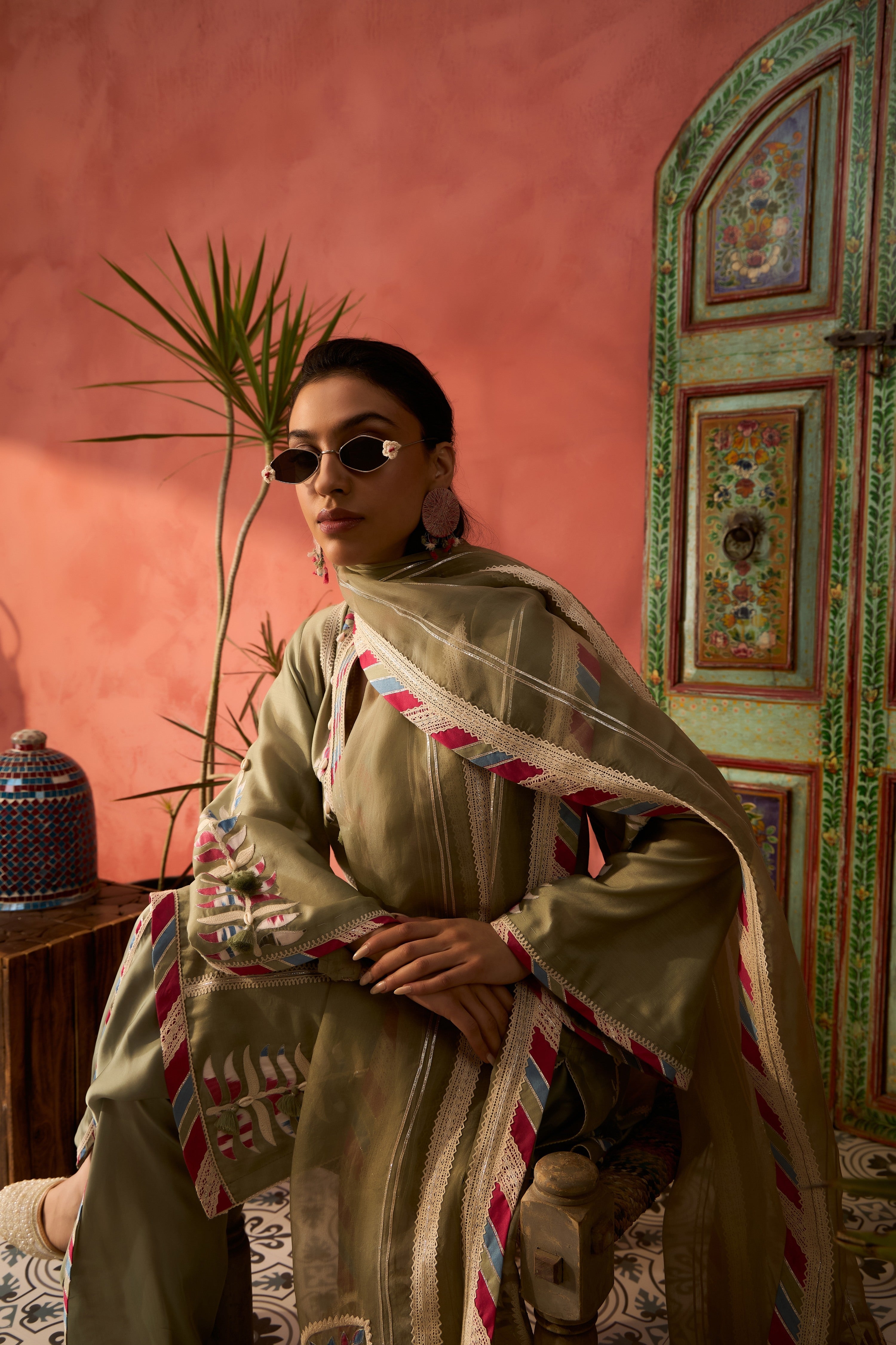 Ikat Applique A-Line Short Kurta With Dhoti Pants