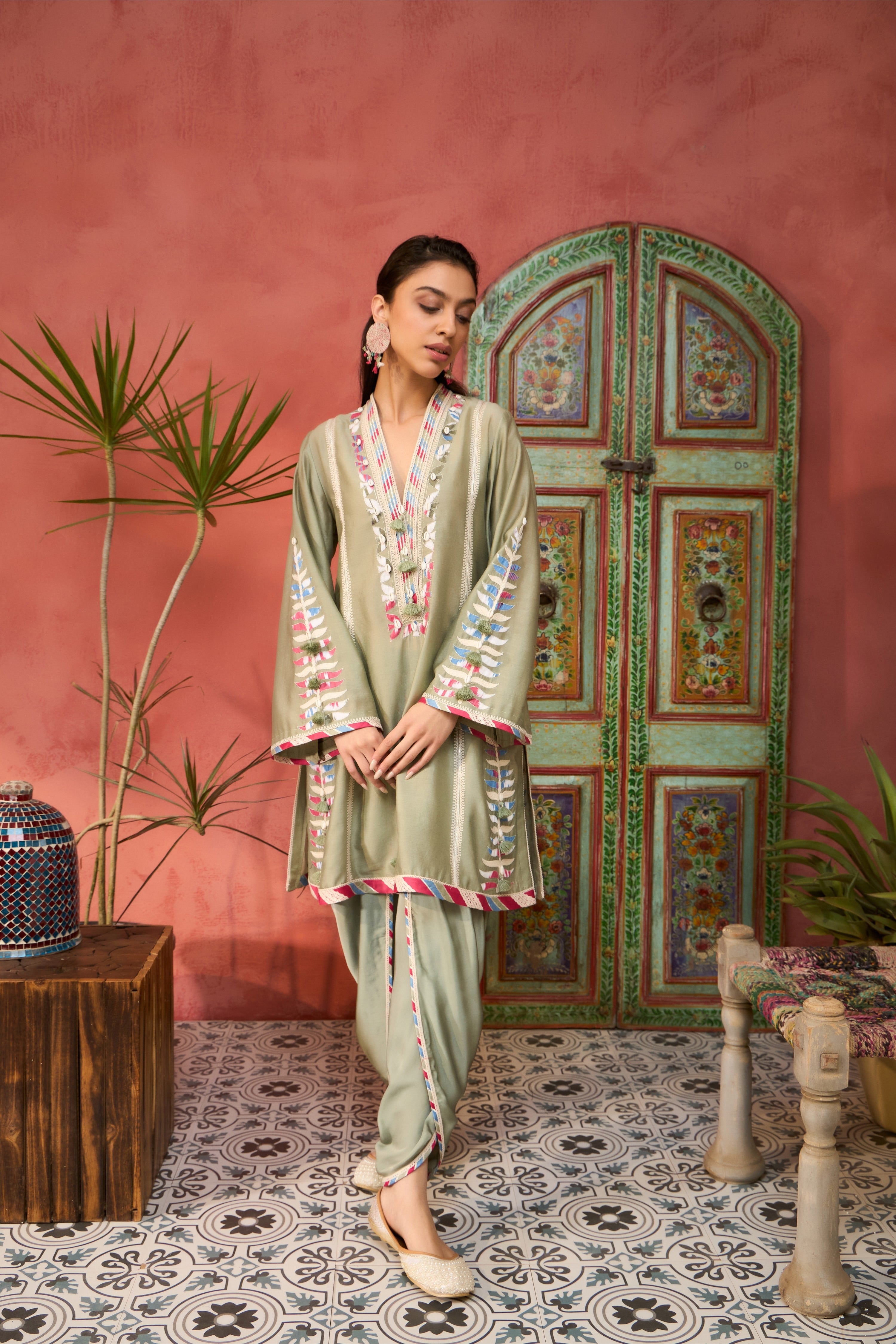 Ikat Applique A-Line Short Kurta With Dhoti Pants