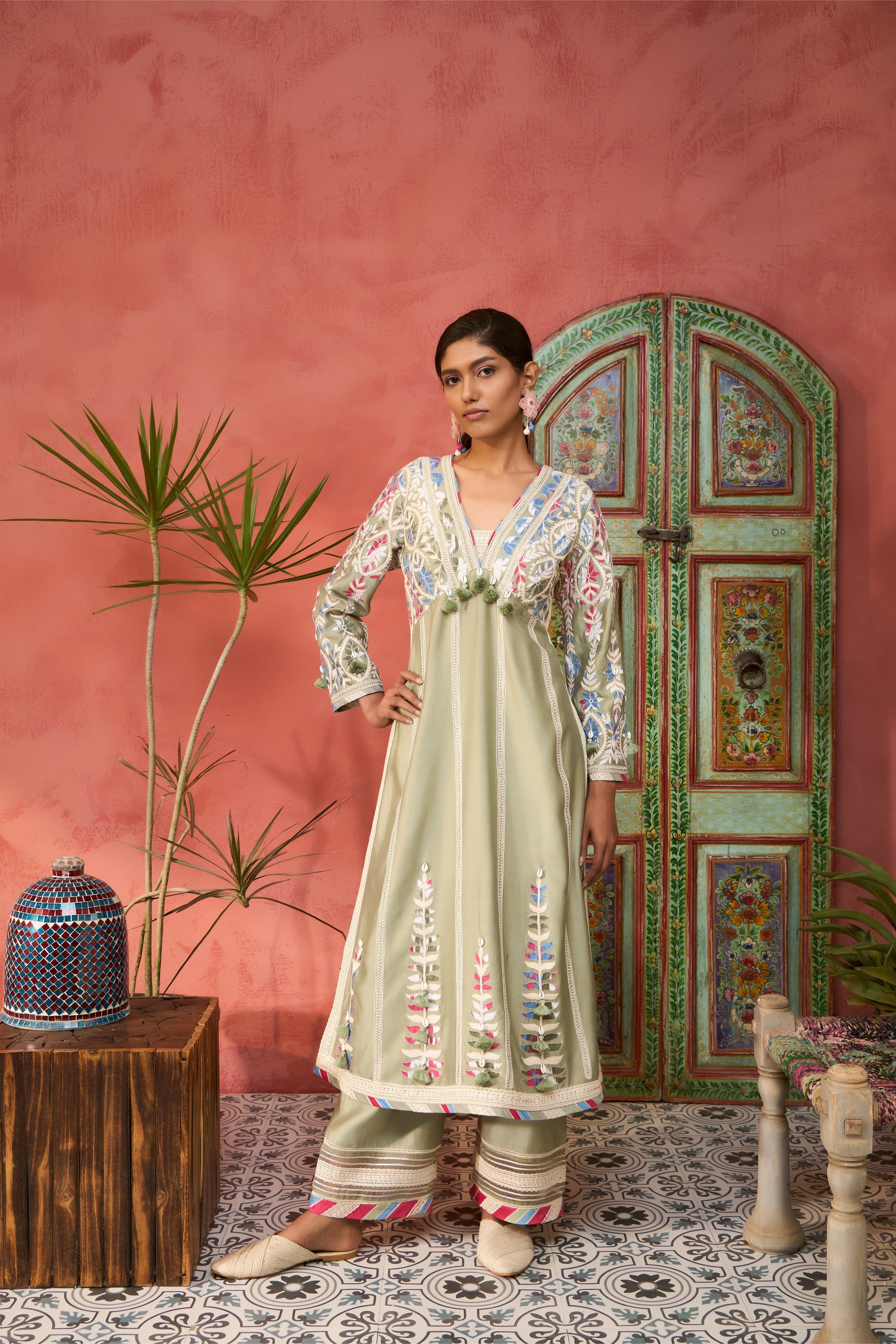 Ikat Applique Long V-Neck With Pants