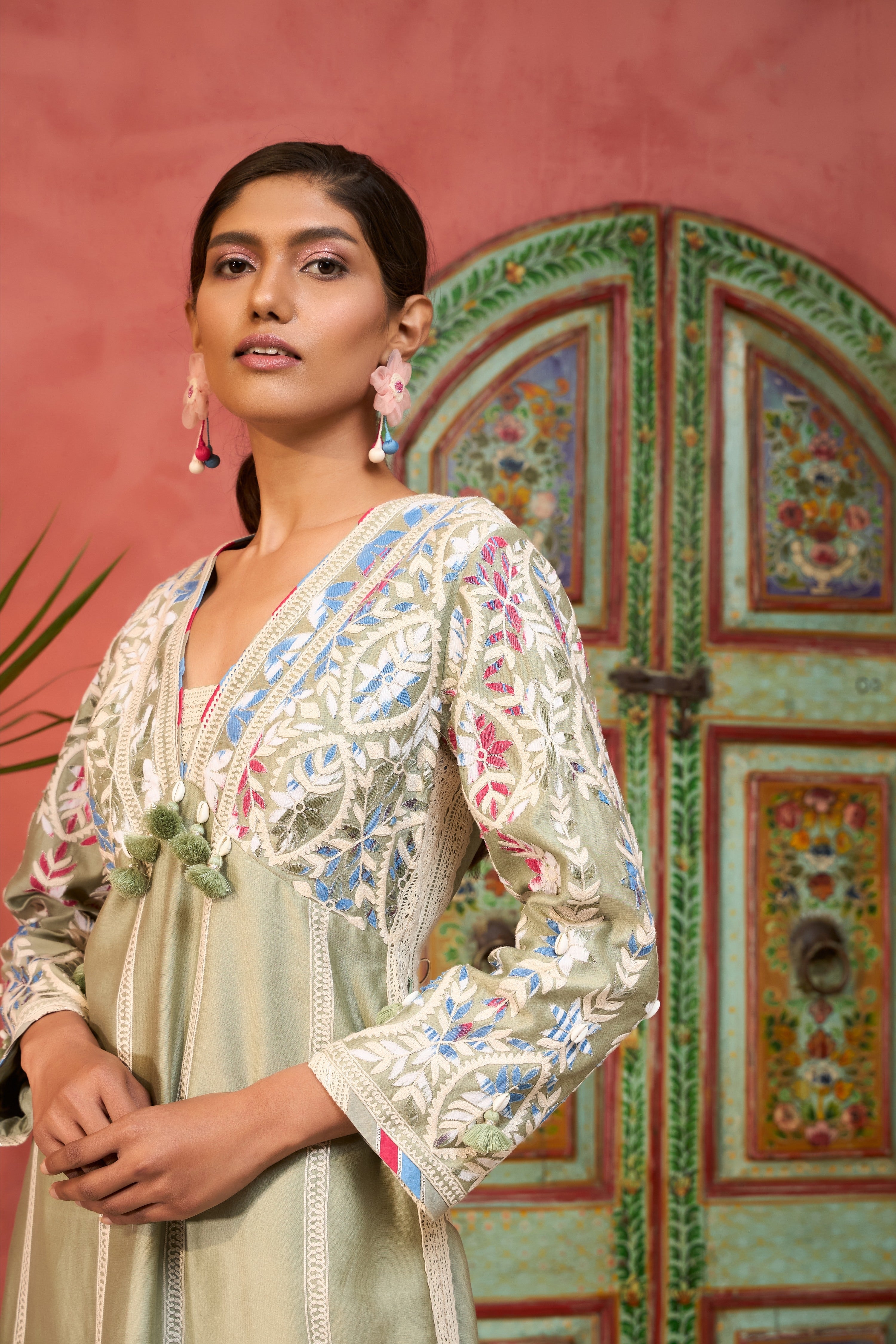 Ikat Applique Long V-Neck With Pants