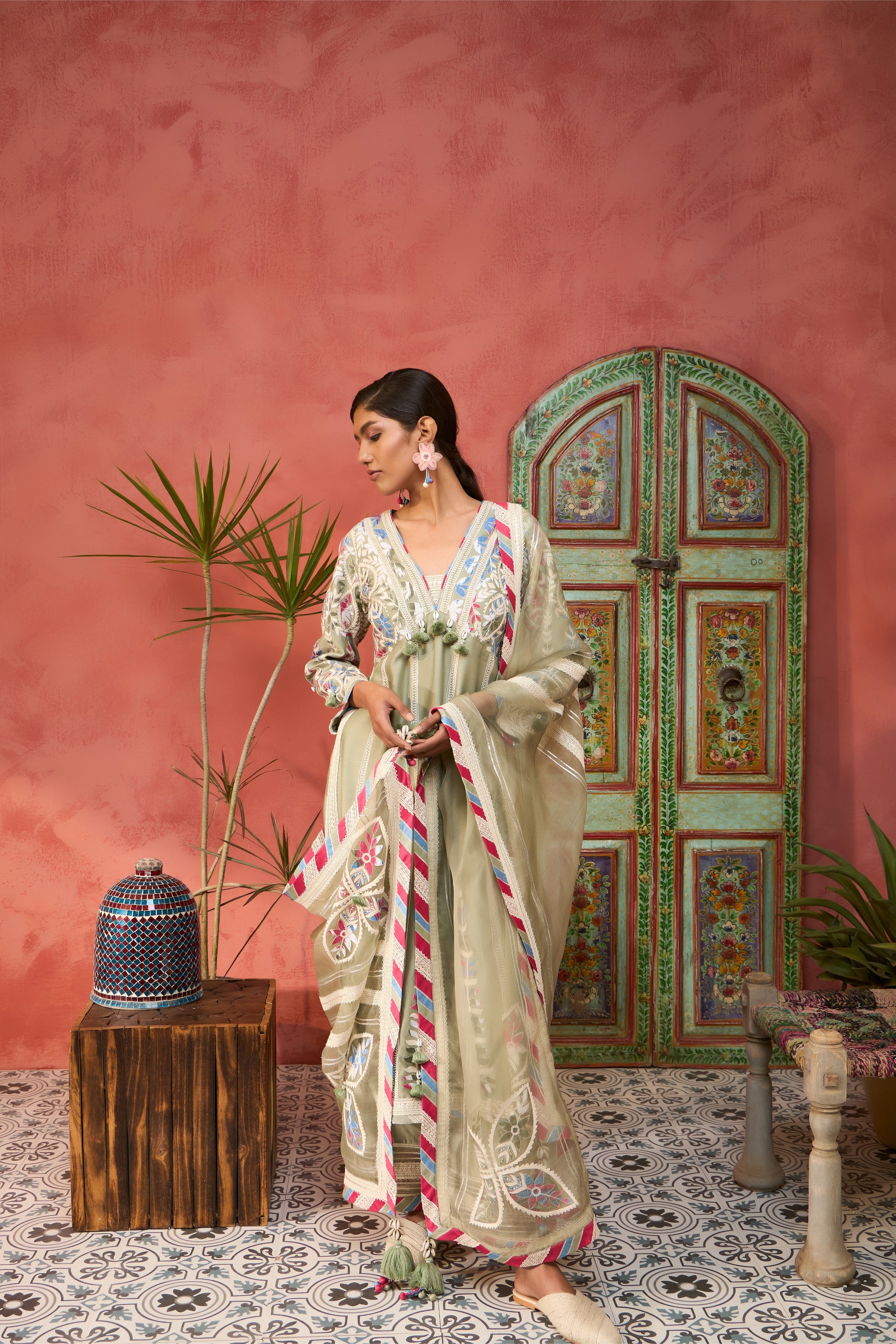 Ikat Applique Long V-Neck With Pants