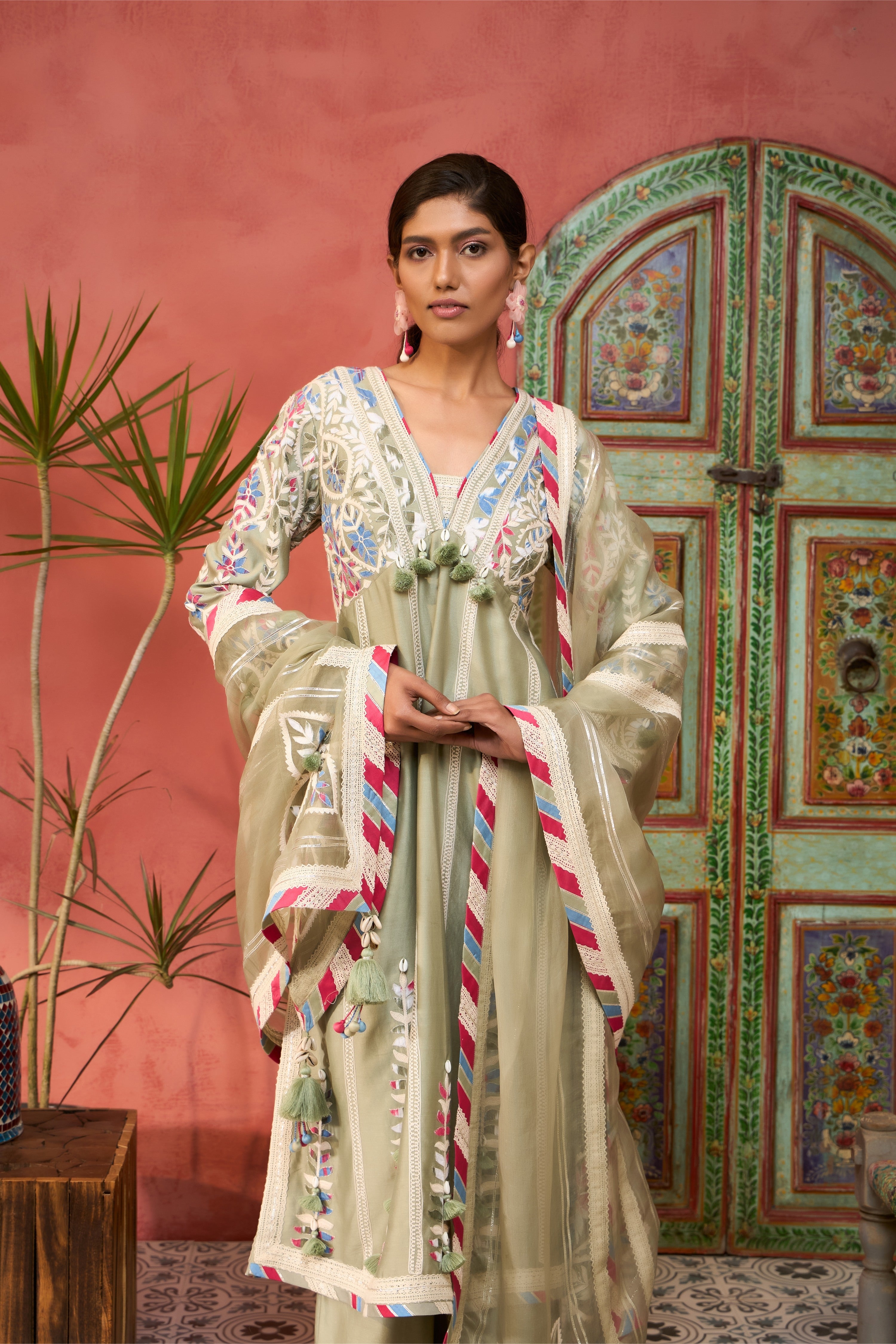 Ikat Applique Long V-Neck With Pants