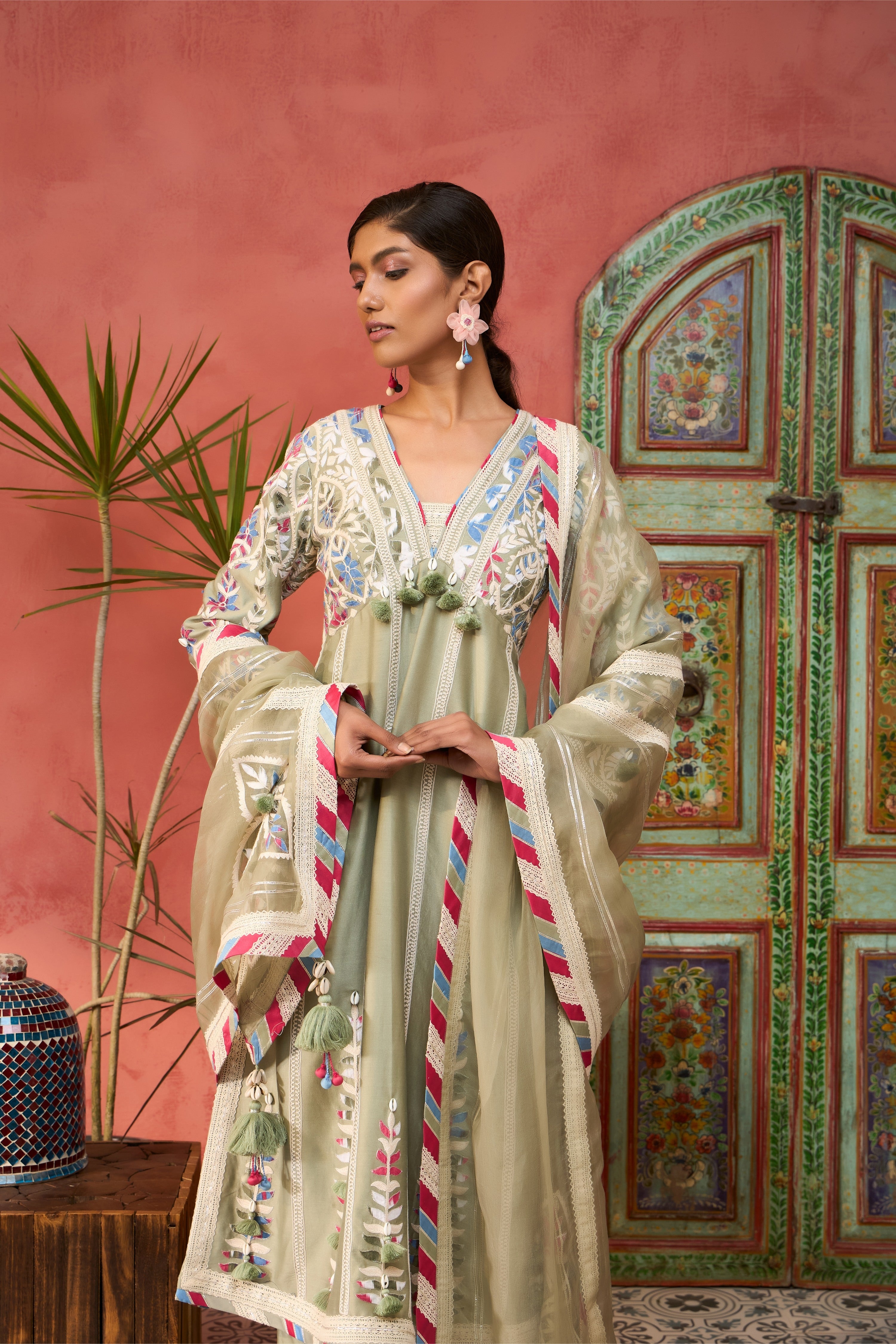 Ikat Applique Long V-Neck With Pants