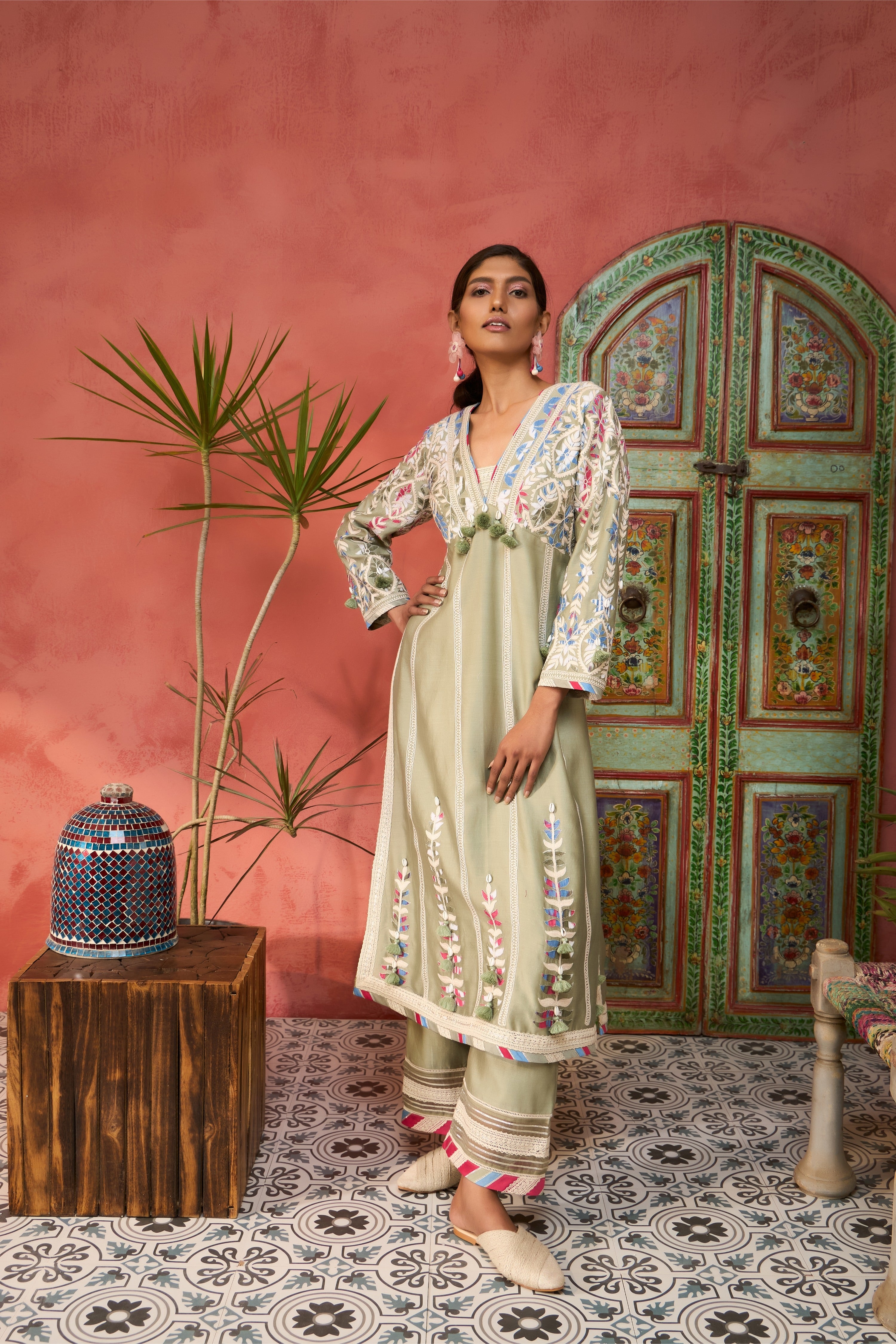 Ikat Applique Long V-Neck With Pants