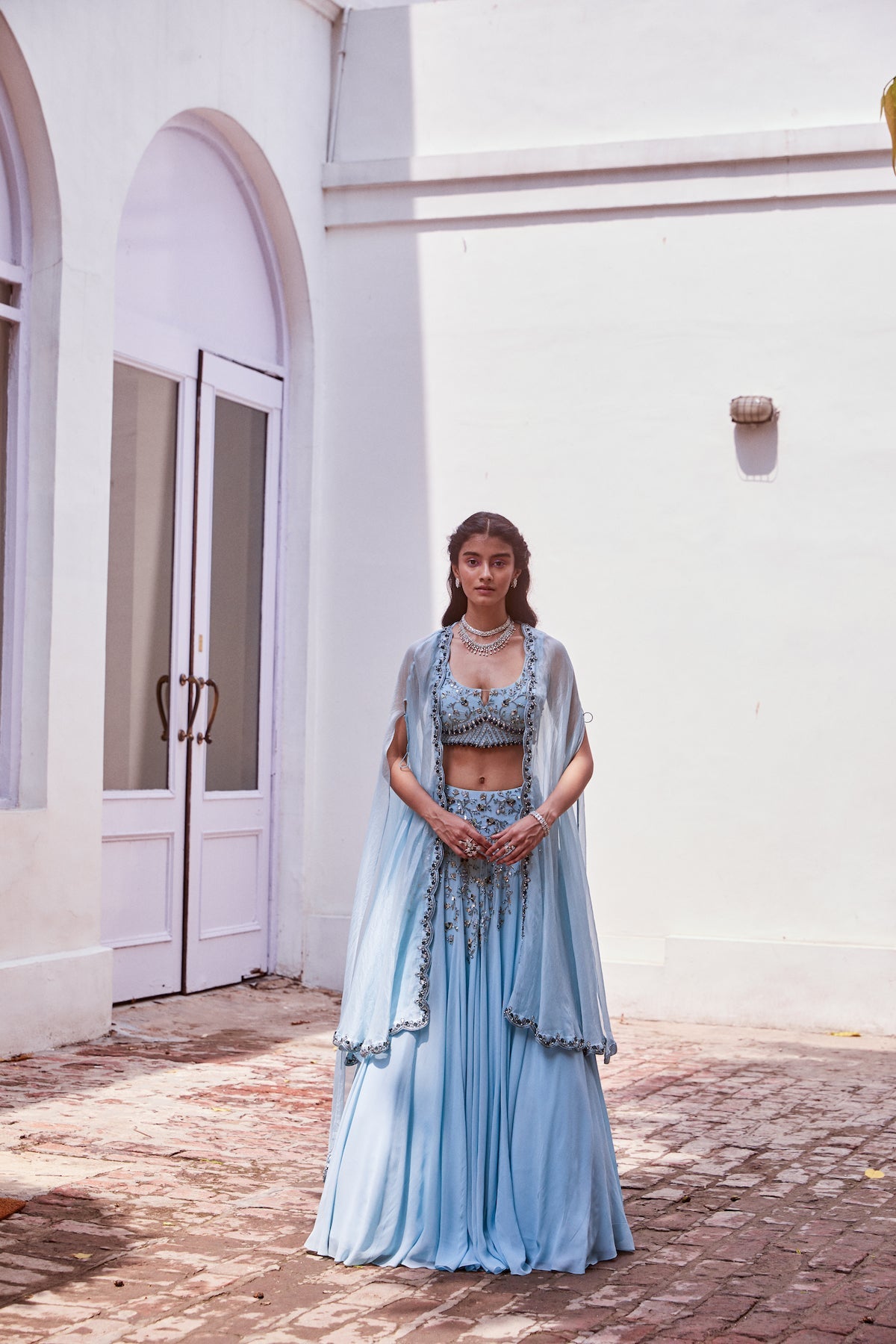 Ice Blue Embroidered Lehenga Blouse With Cape Set