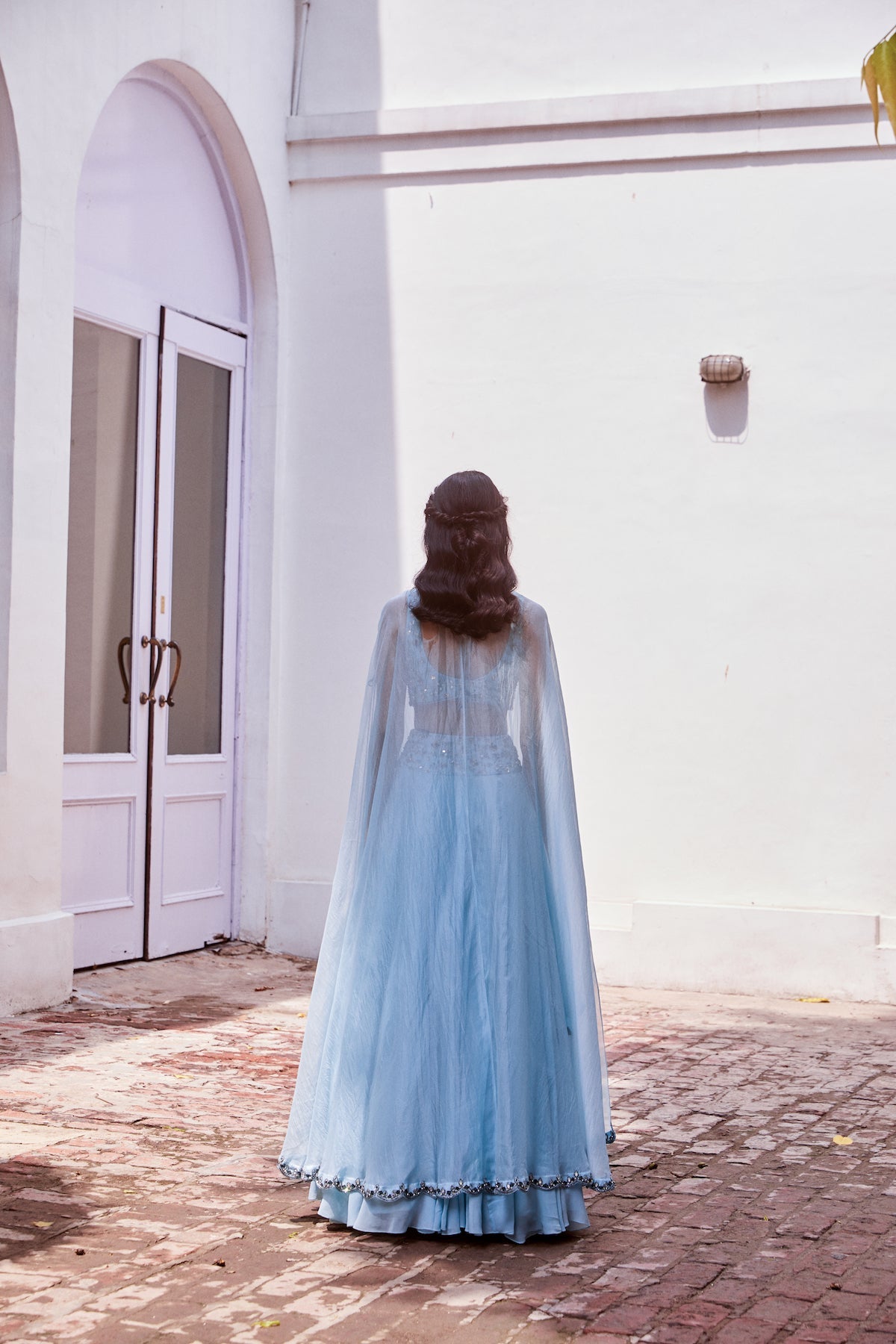 Ice Blue Embroidered Lehenga Blouse With Cape Set