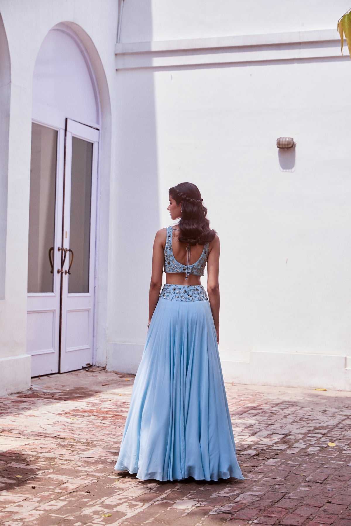 Ice Blue Embroidered Lehenga Blouse With Cape Set