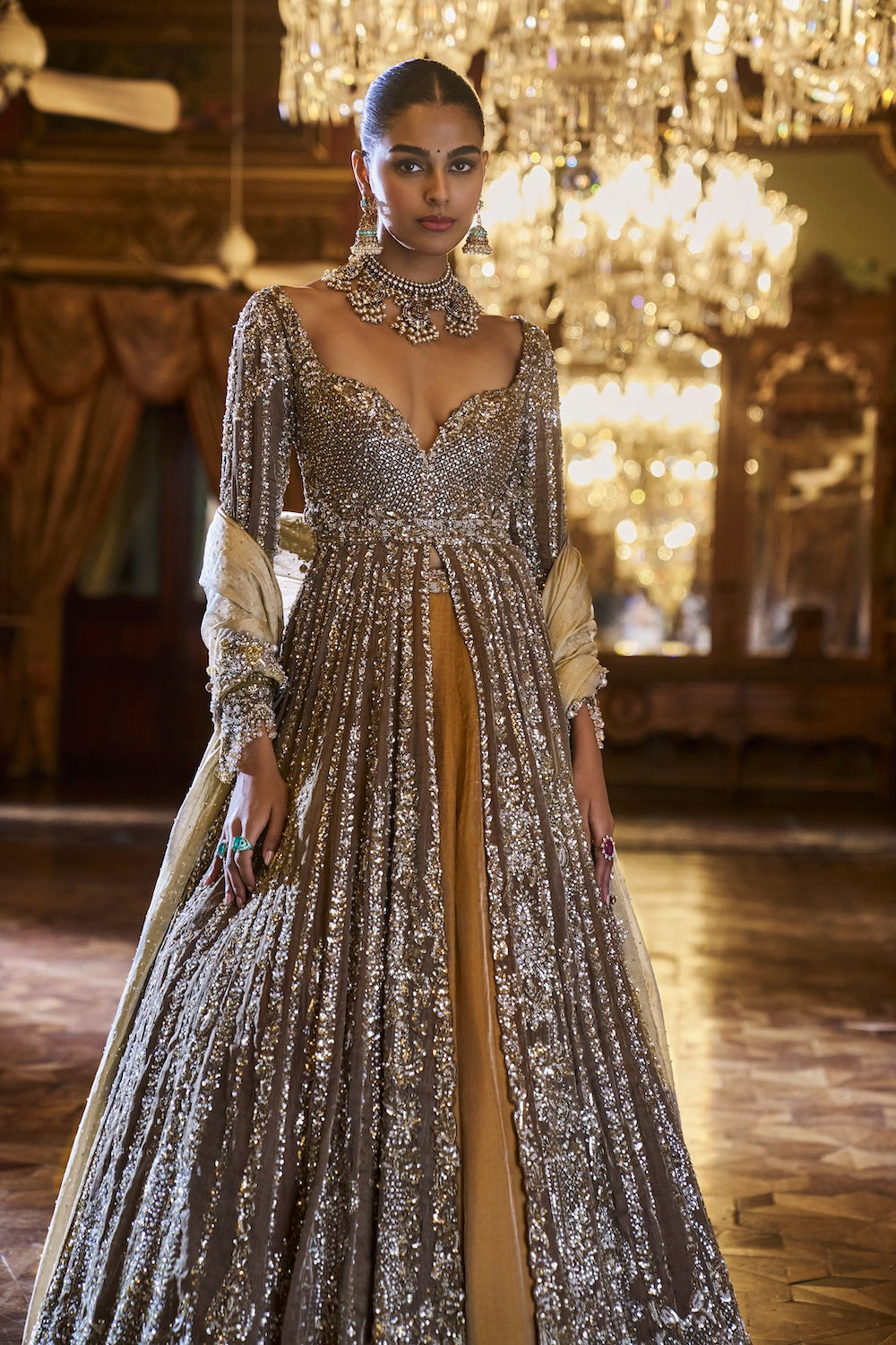Gold Silver Tissue Jacket Lehenga Set