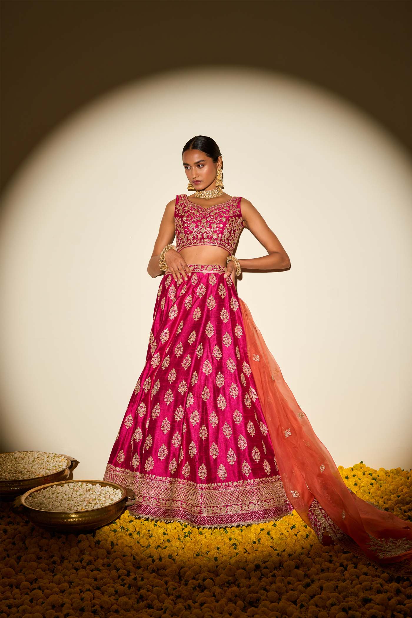 Masiah Hotpink Kashmiri Tilla Lehenga With Blouse And Dupatta