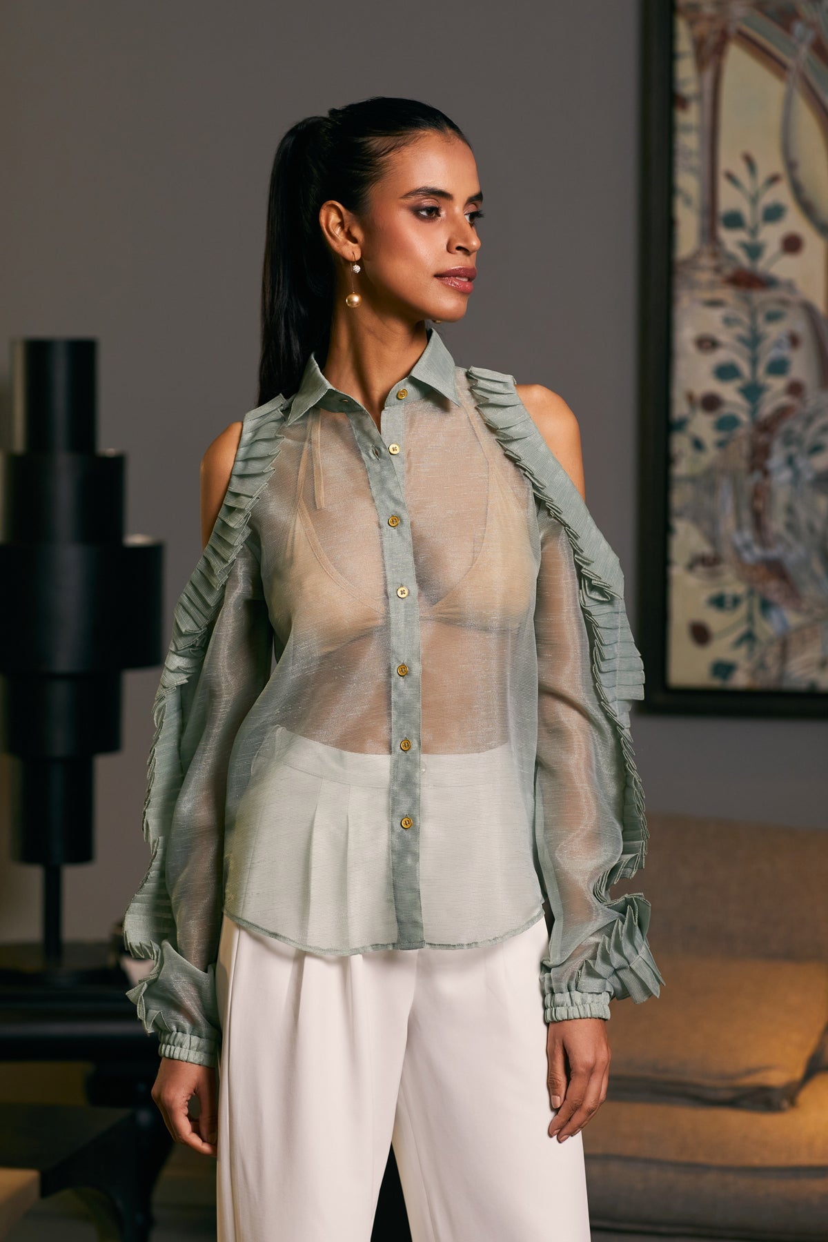 Goe Cold Shoulder Pleated Shirt (C)