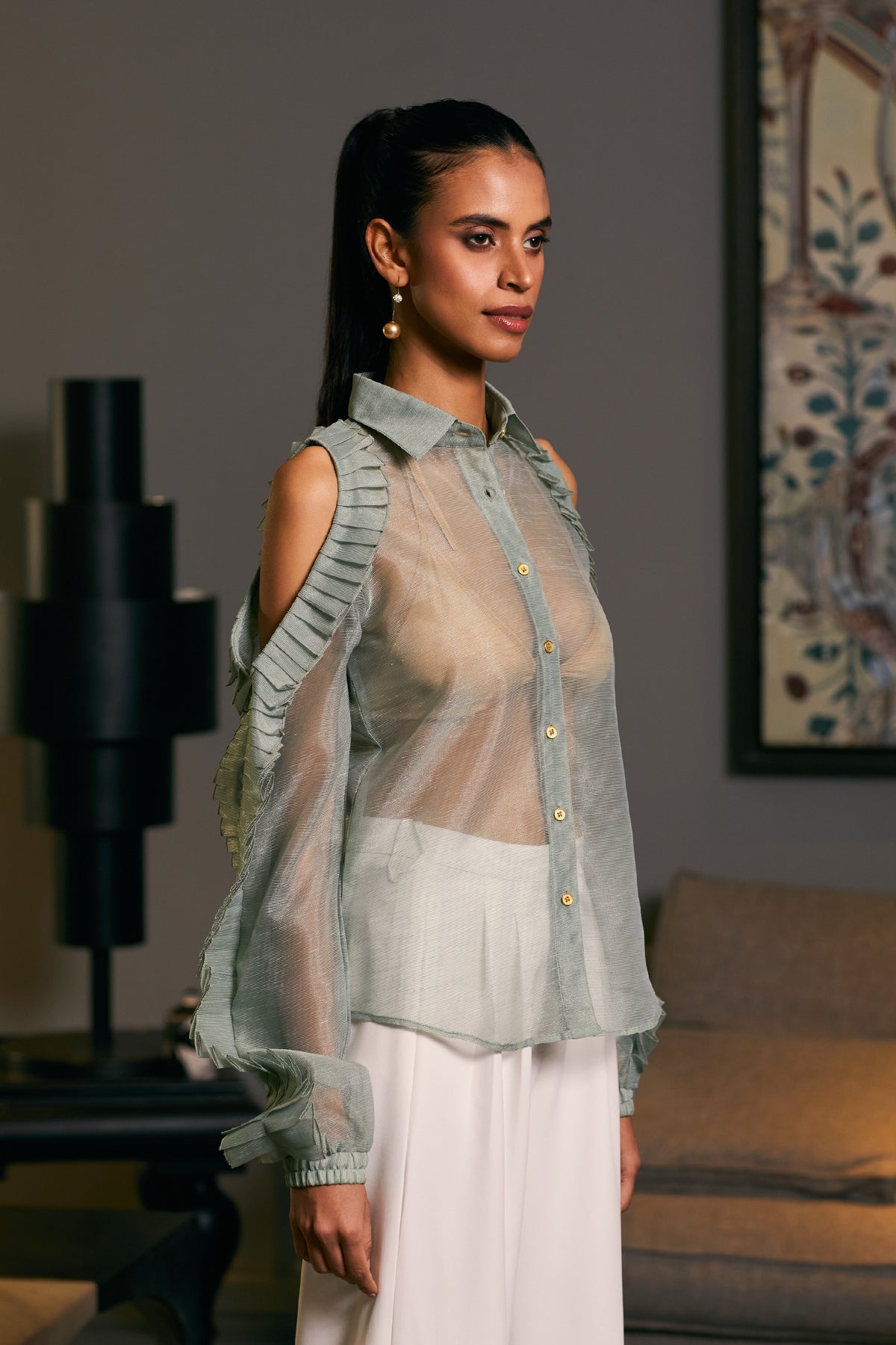 Goe Cold Shoulder Pleated Shirt (C)