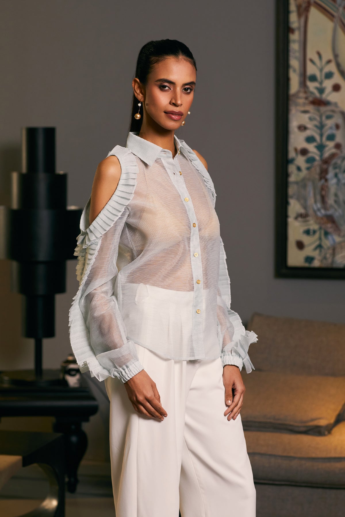 Goe Cold Shoulder Pleated Shirt (D)