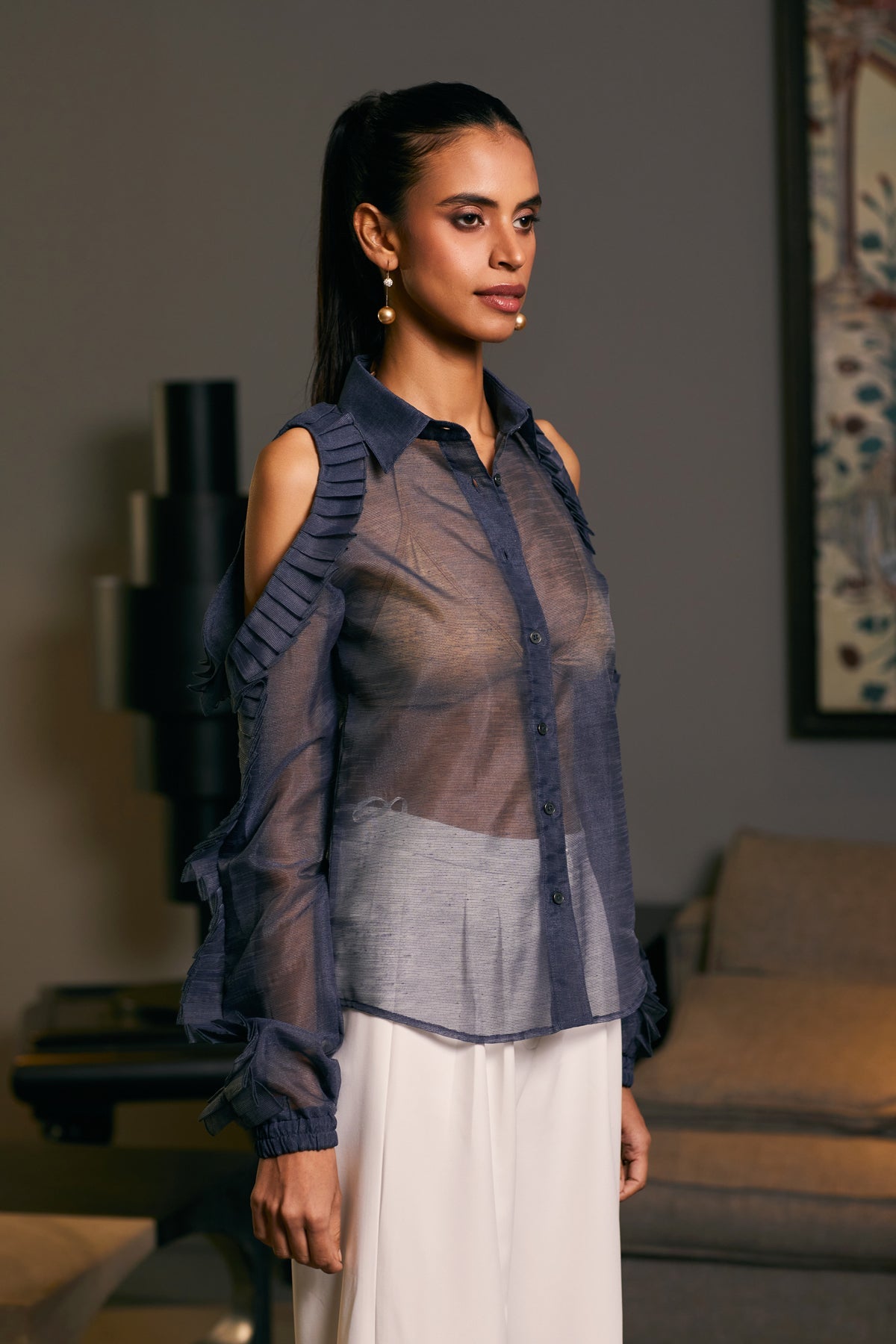 Goe Cold Shoulder Pleated Shirt (B)