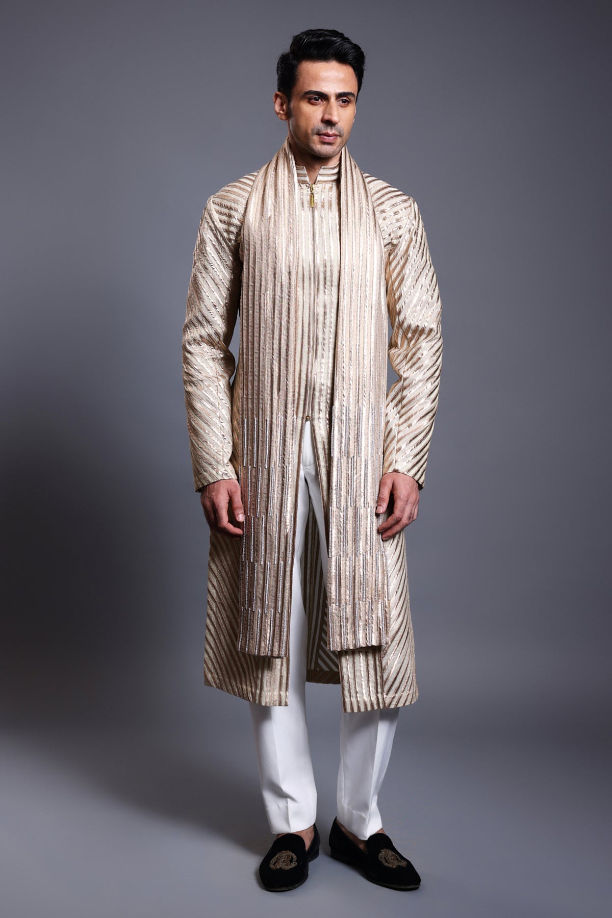 Cf Strip Work Rope Kurta Gold
