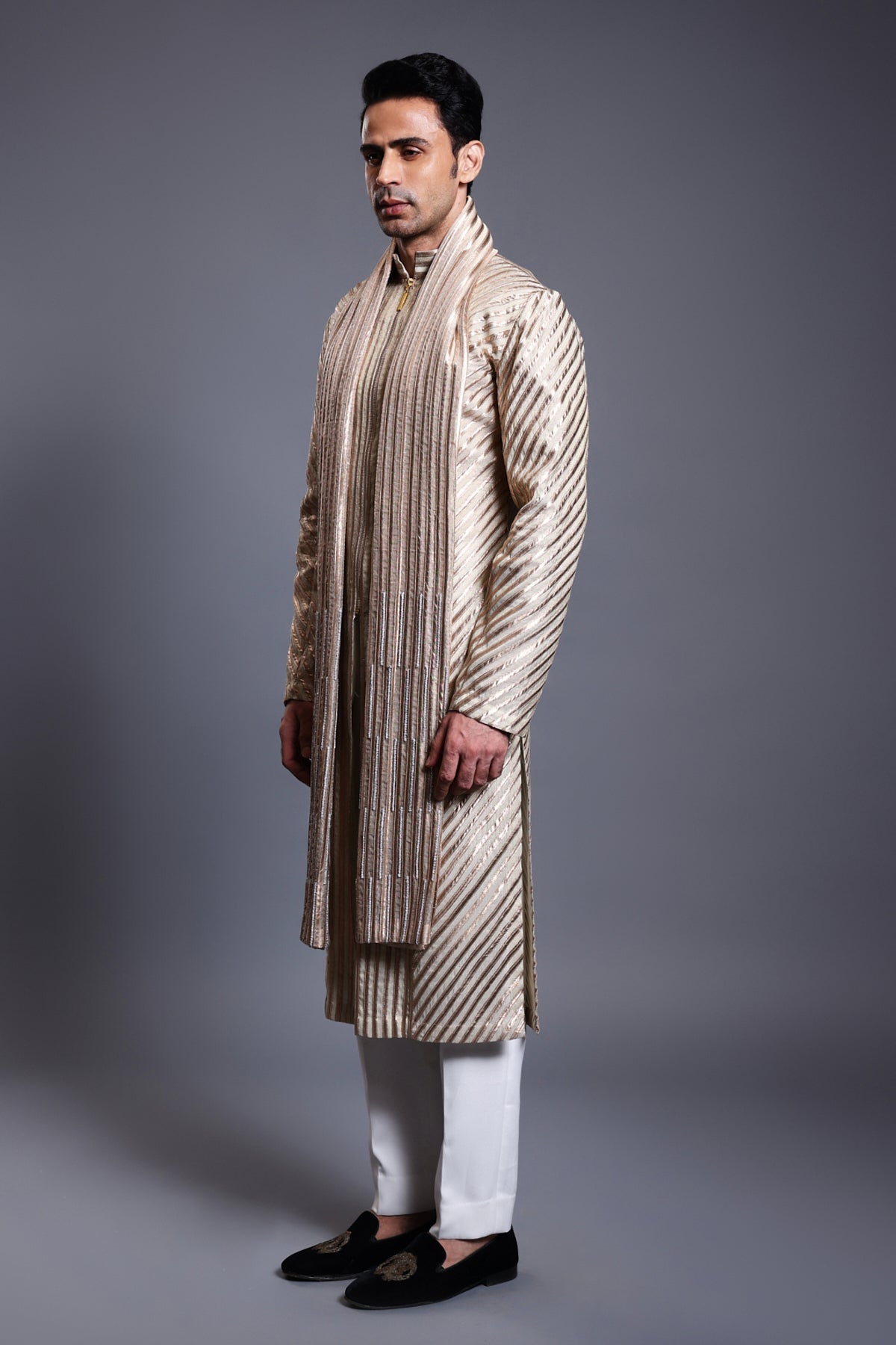 Cf Strip Work Rope Kurta Gold