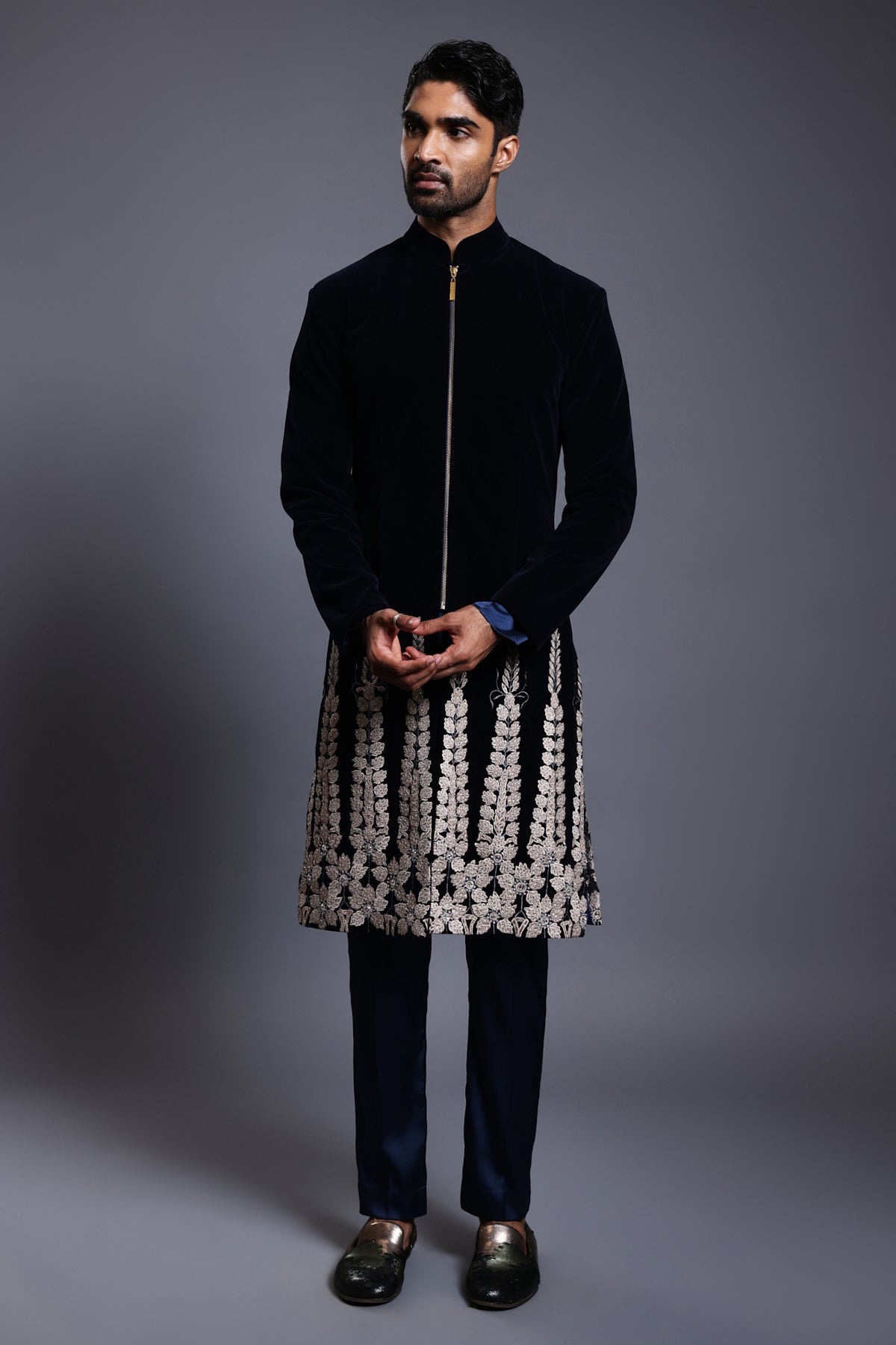 Cf Floral Sherwani Navy
