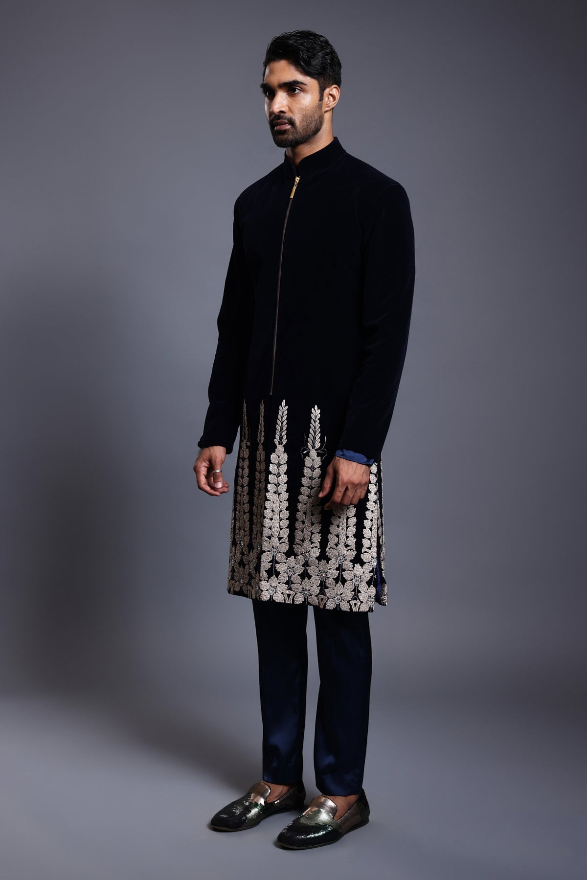Cf Floral Sherwani Navy