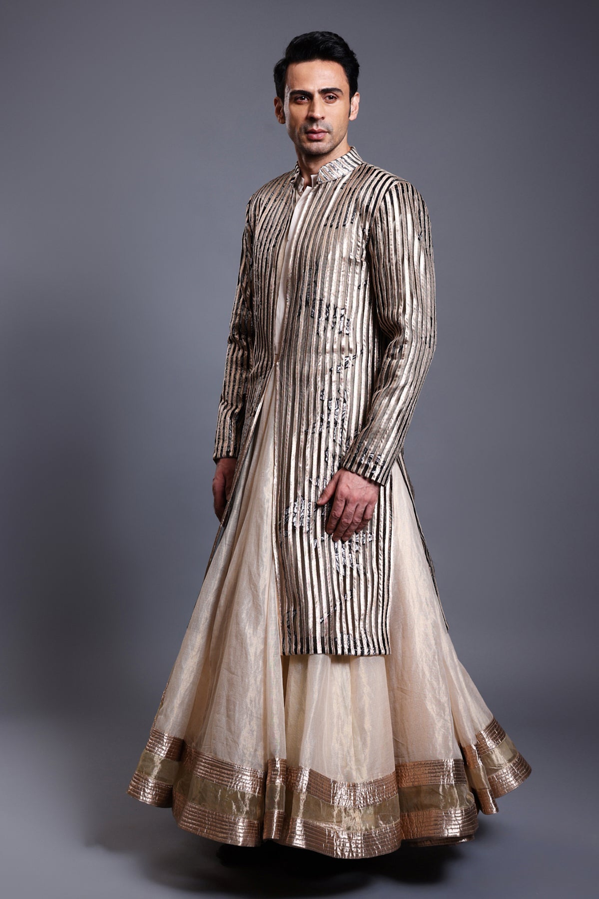 Cf Gold Applique Sherwani Black