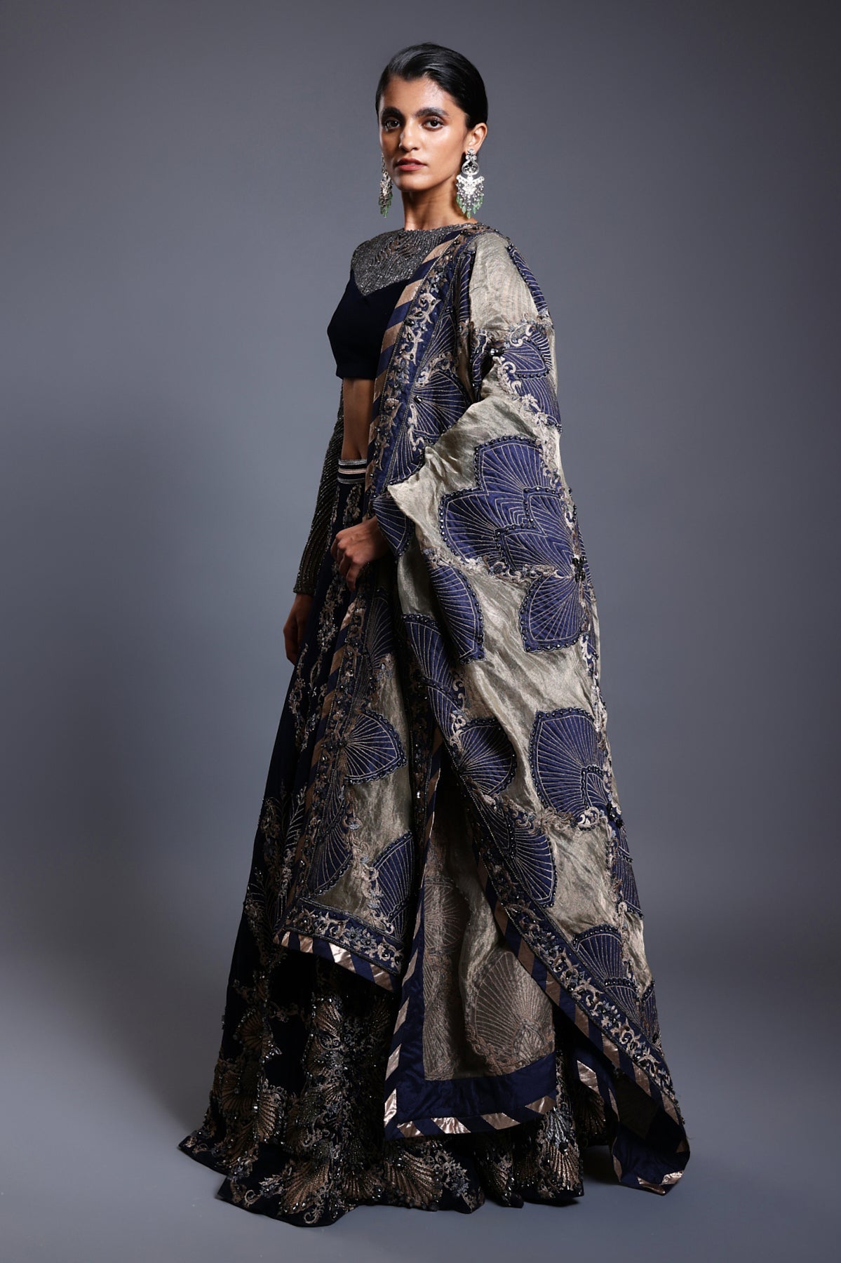 Cf Applique Lehenga Navy