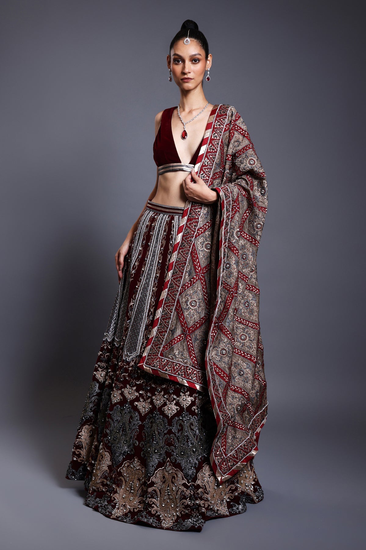 Cf Applique Lehenga Maroon