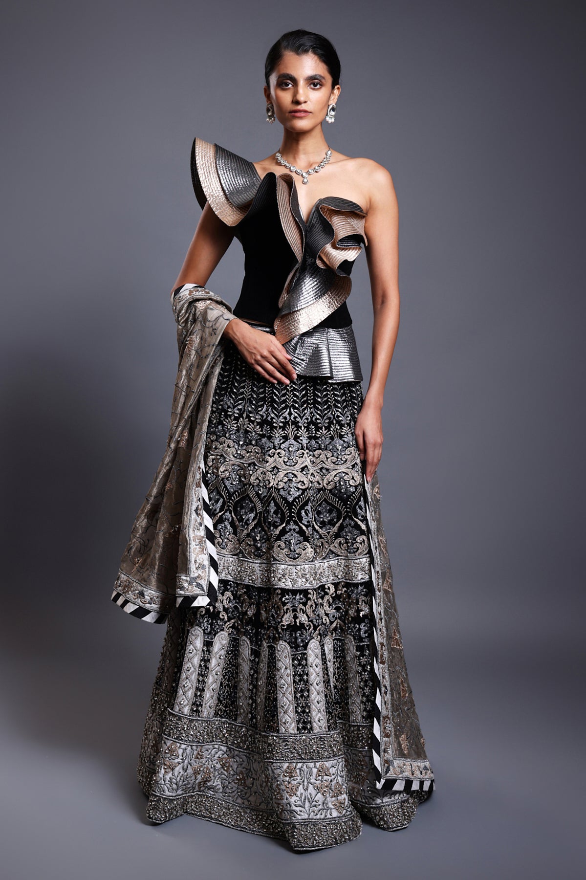 Cf Ivory Applique Lehenga Black