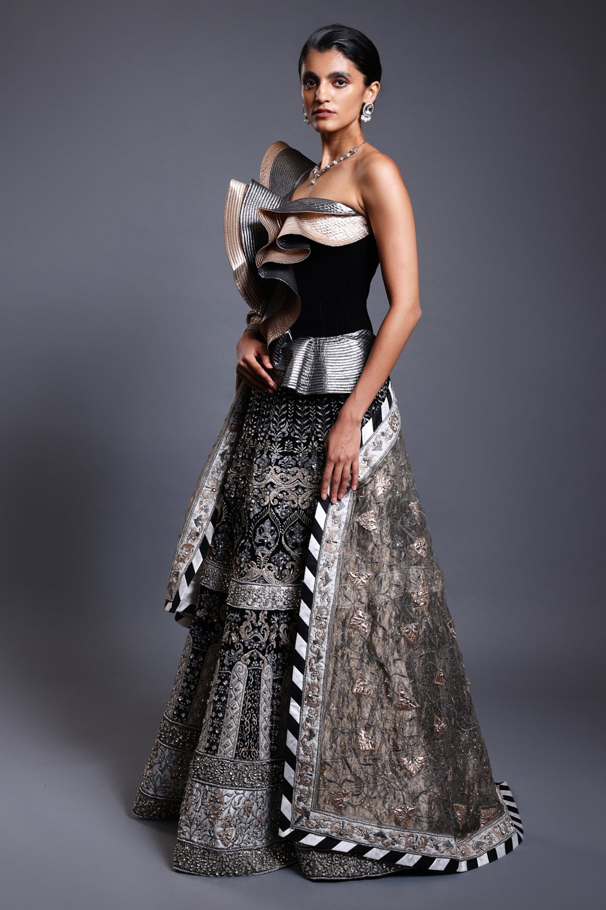 Cf Ivory Applique Lehenga Black
