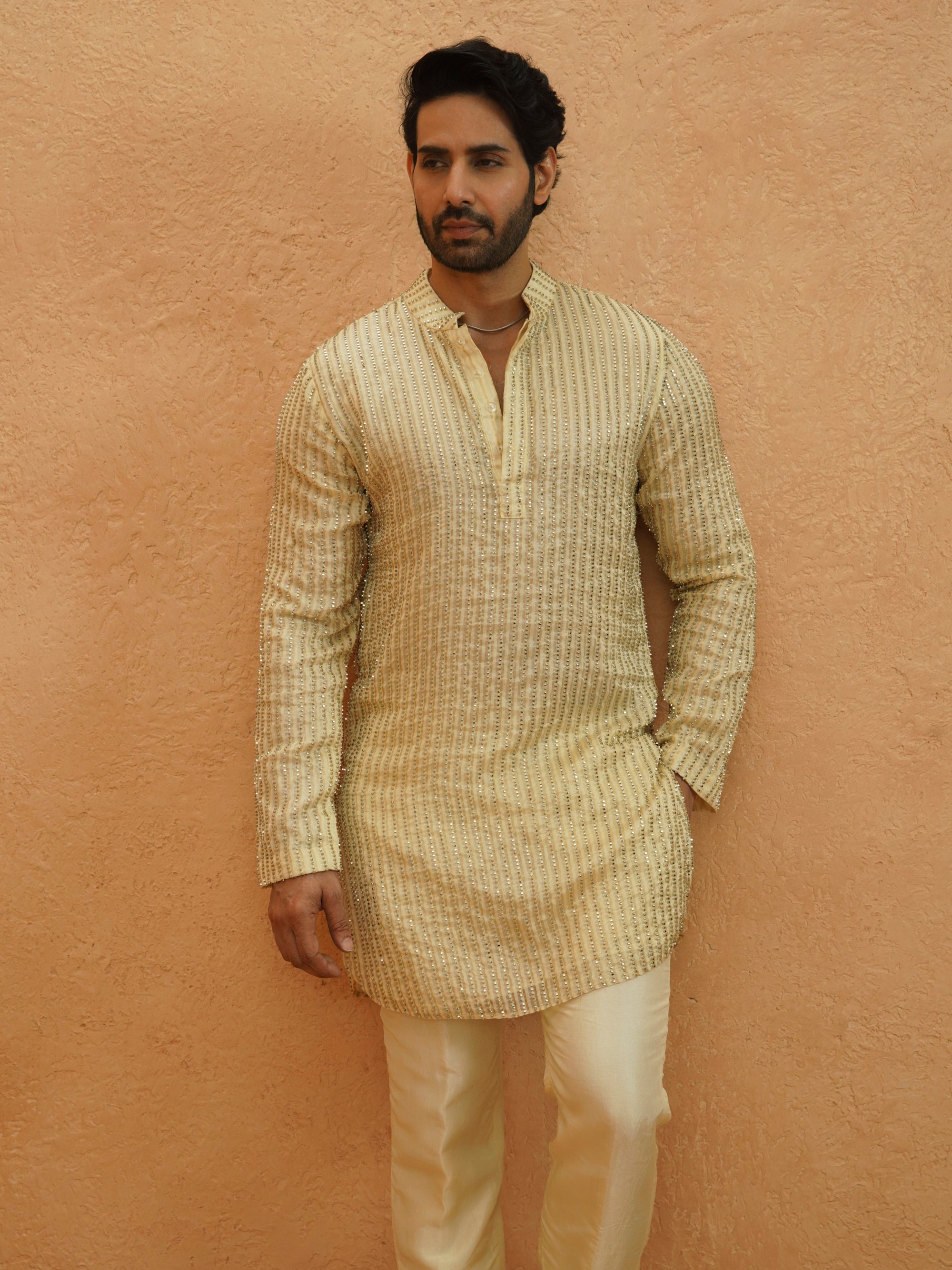 Chandheri Stripe Embellished Kurta Set
