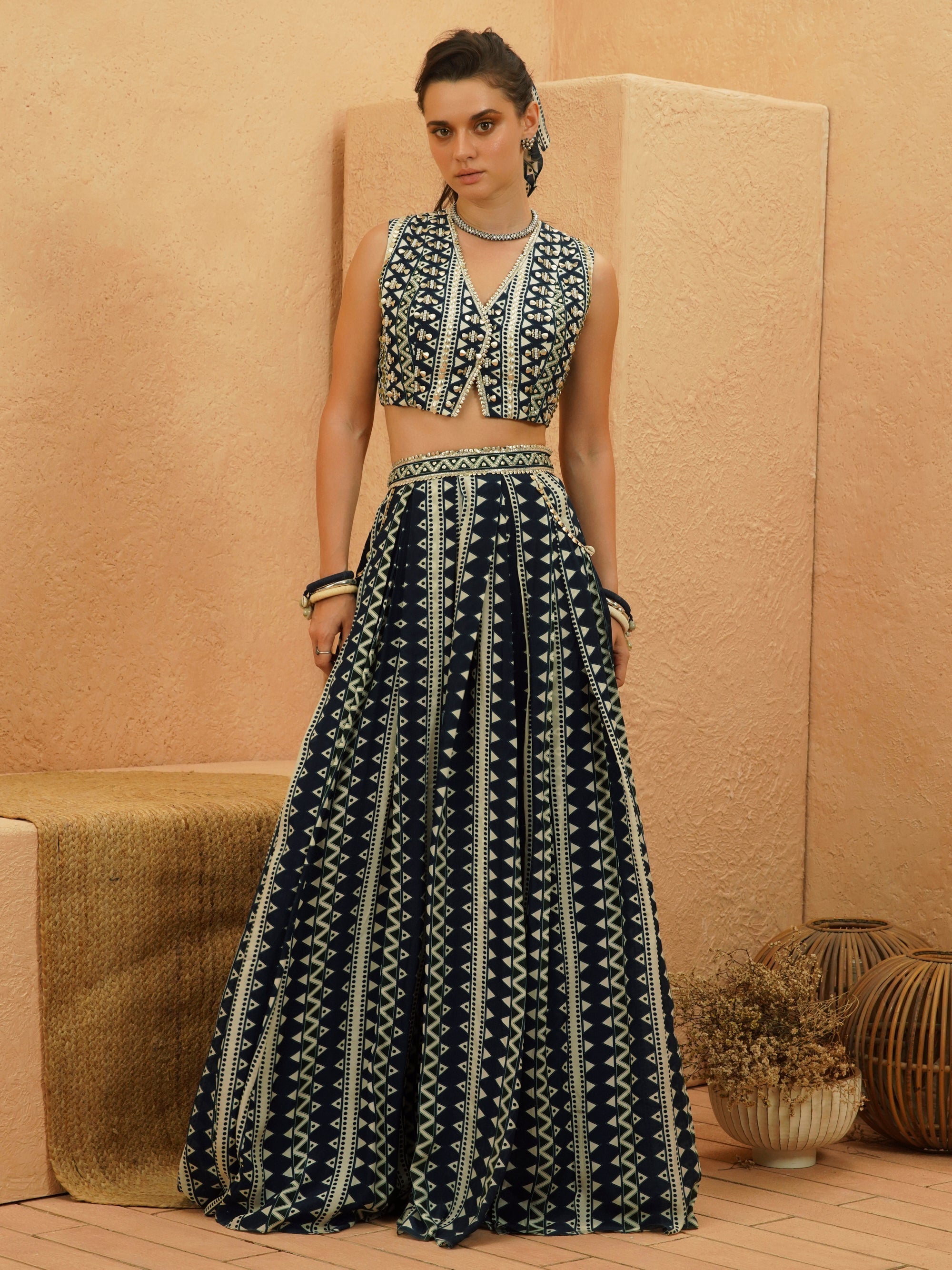 Zuri Embellished Crop Top And Pleated Skirt Set
