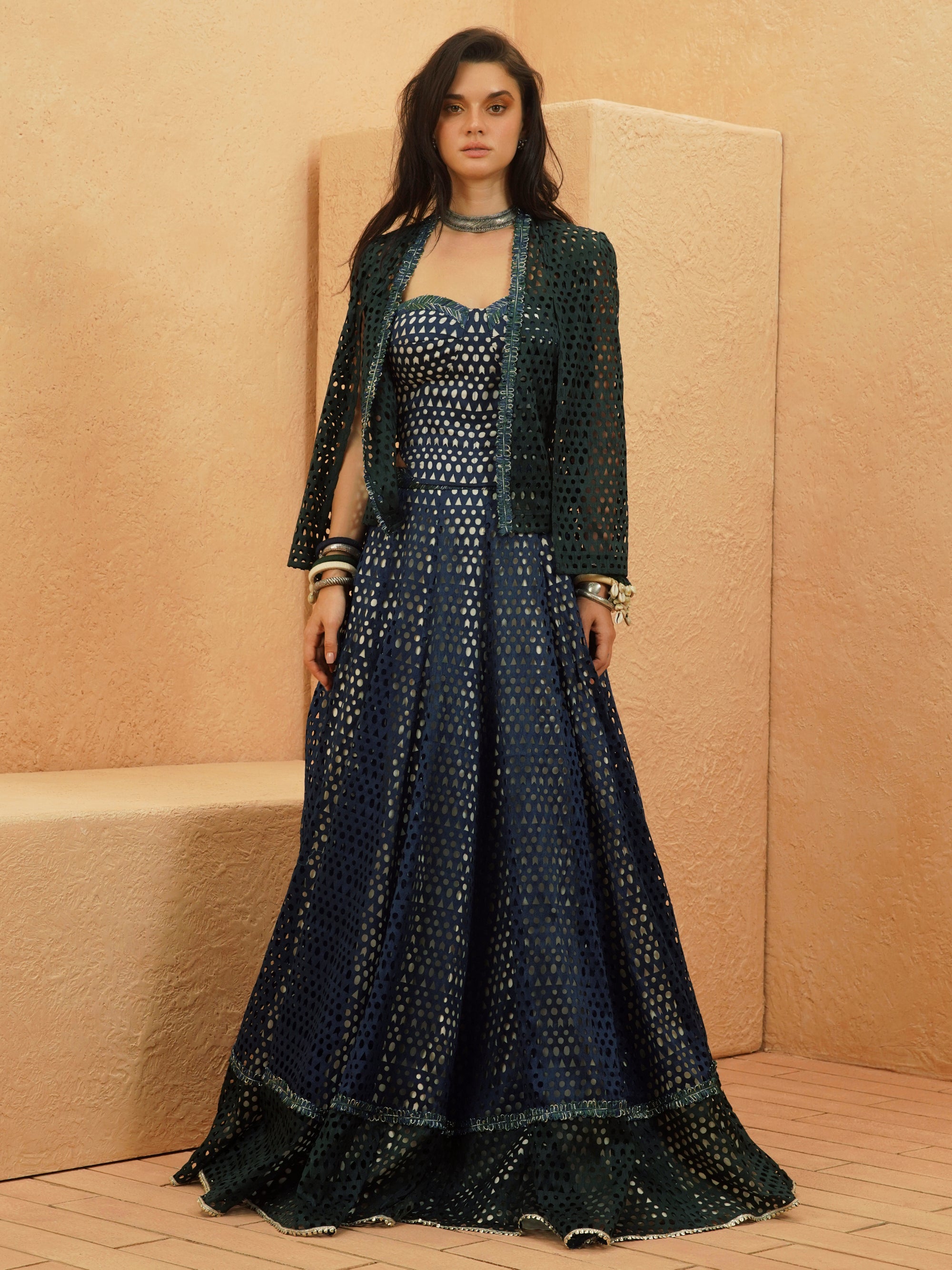 Samaha Cutwork Cape Jacket With Corset And Lehenga