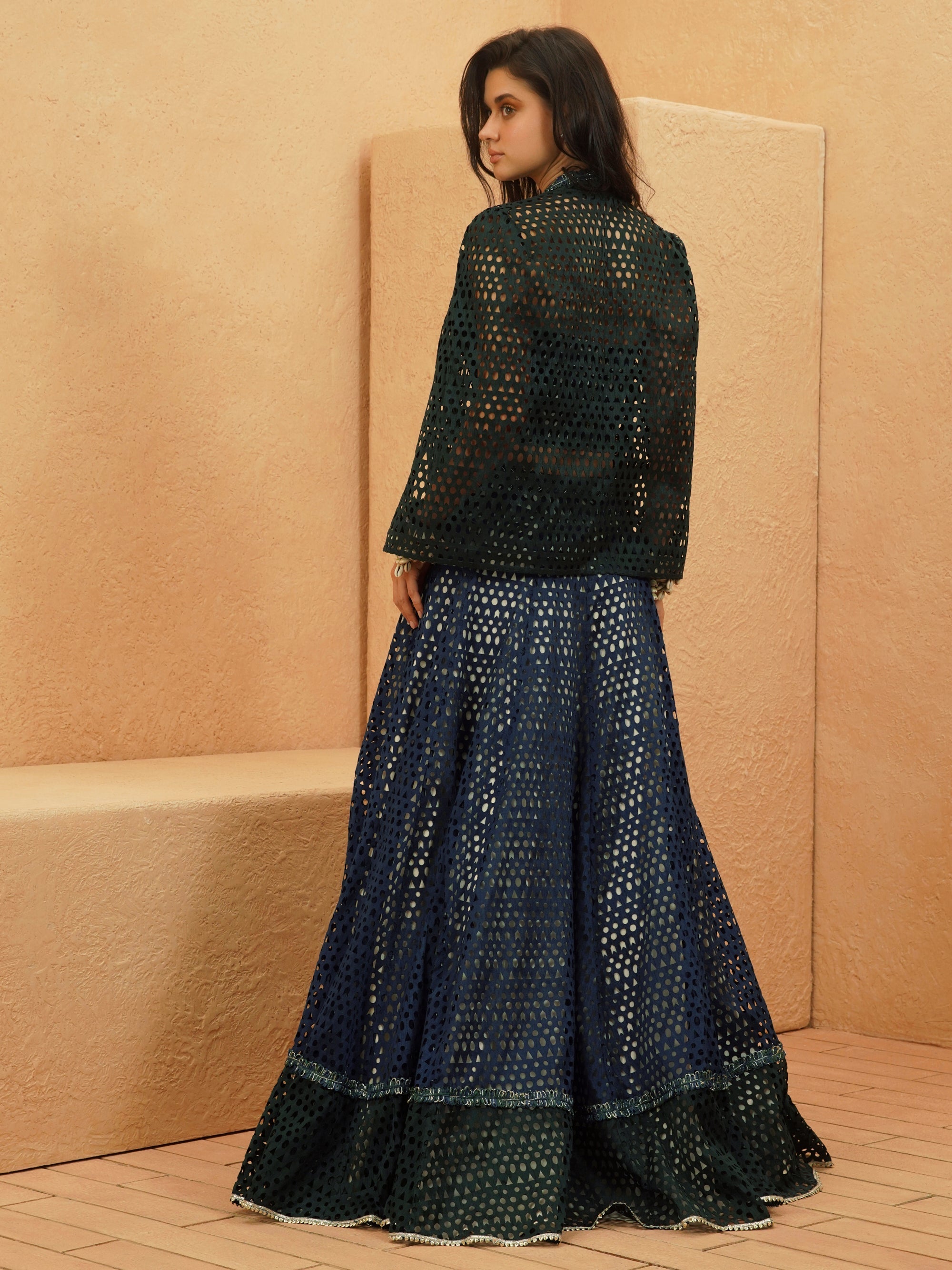 Samaha Cutwork Cape Jacket With Corset And Lehenga