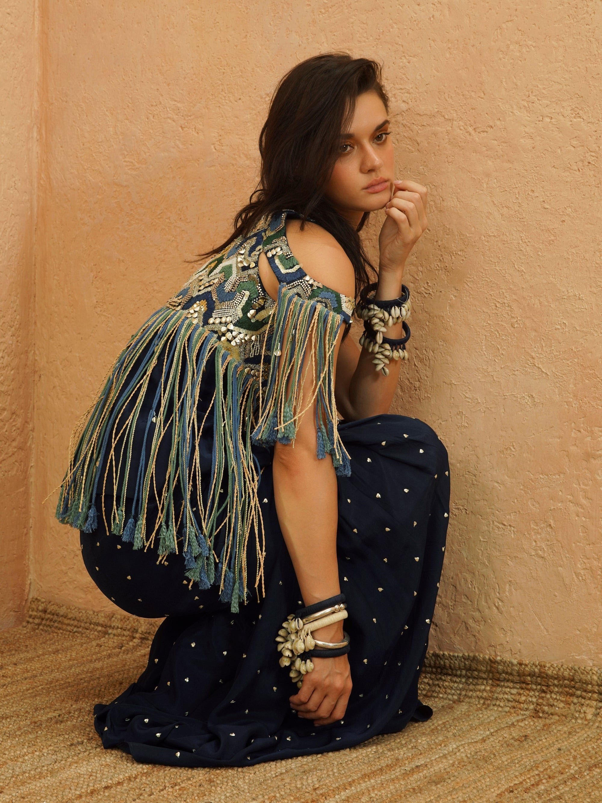 Nadira Cold Shoulder Fringe Jacket And Pant