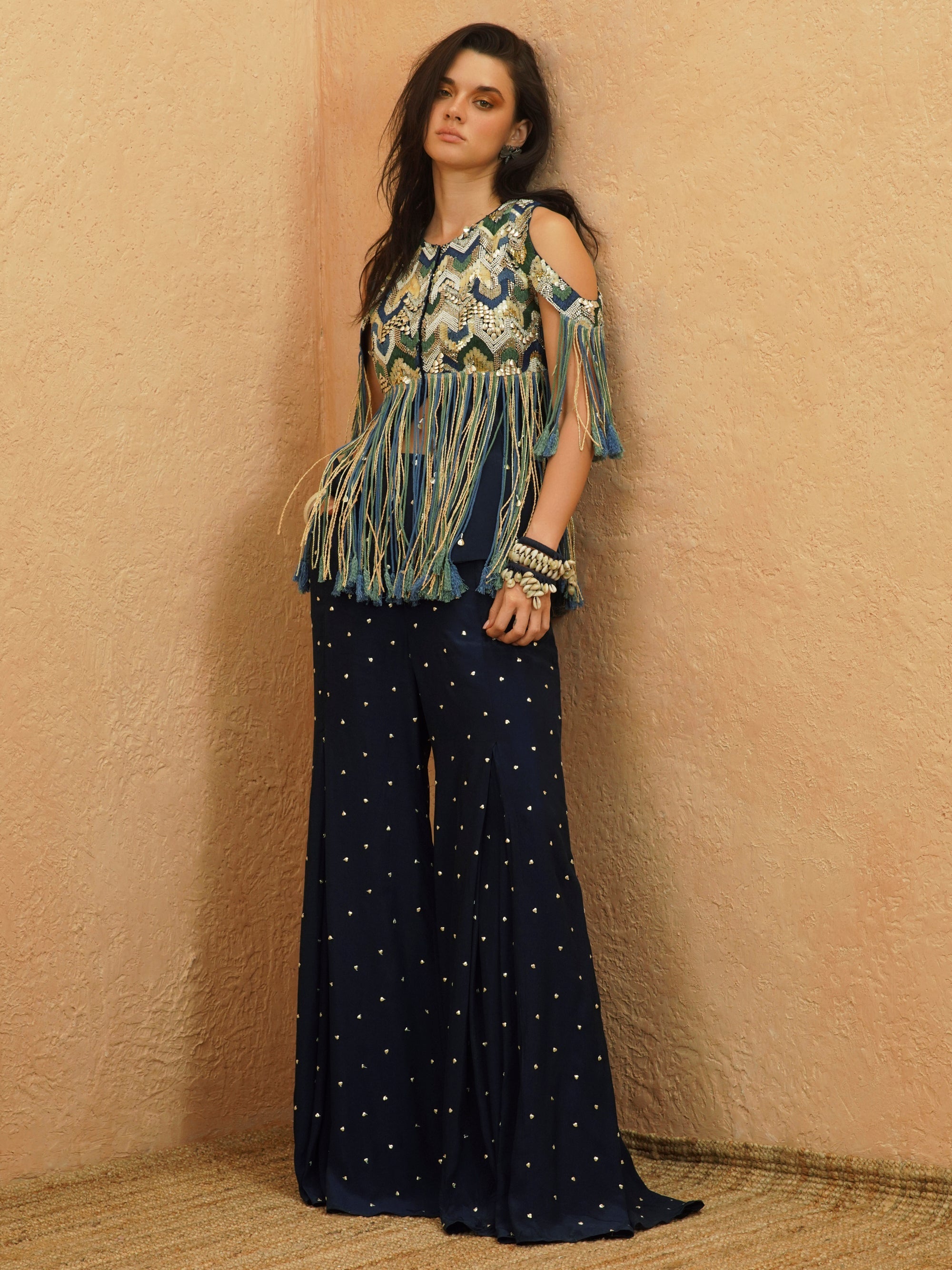 Nadira Cold Shoulder Fringe Jacket And Pant