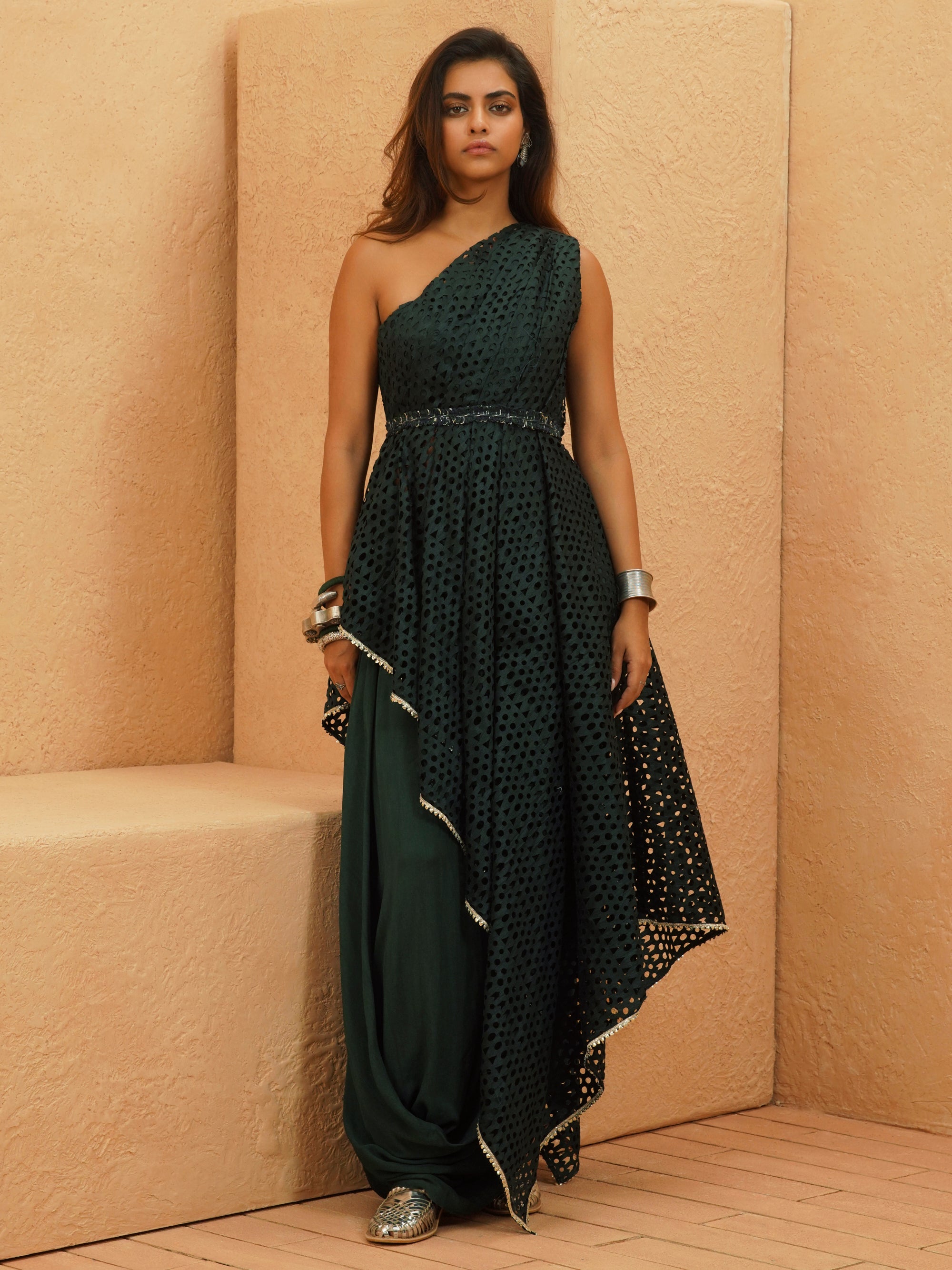 Rayan Cutwork One Shoulder Drape Top And Cowl Skirt