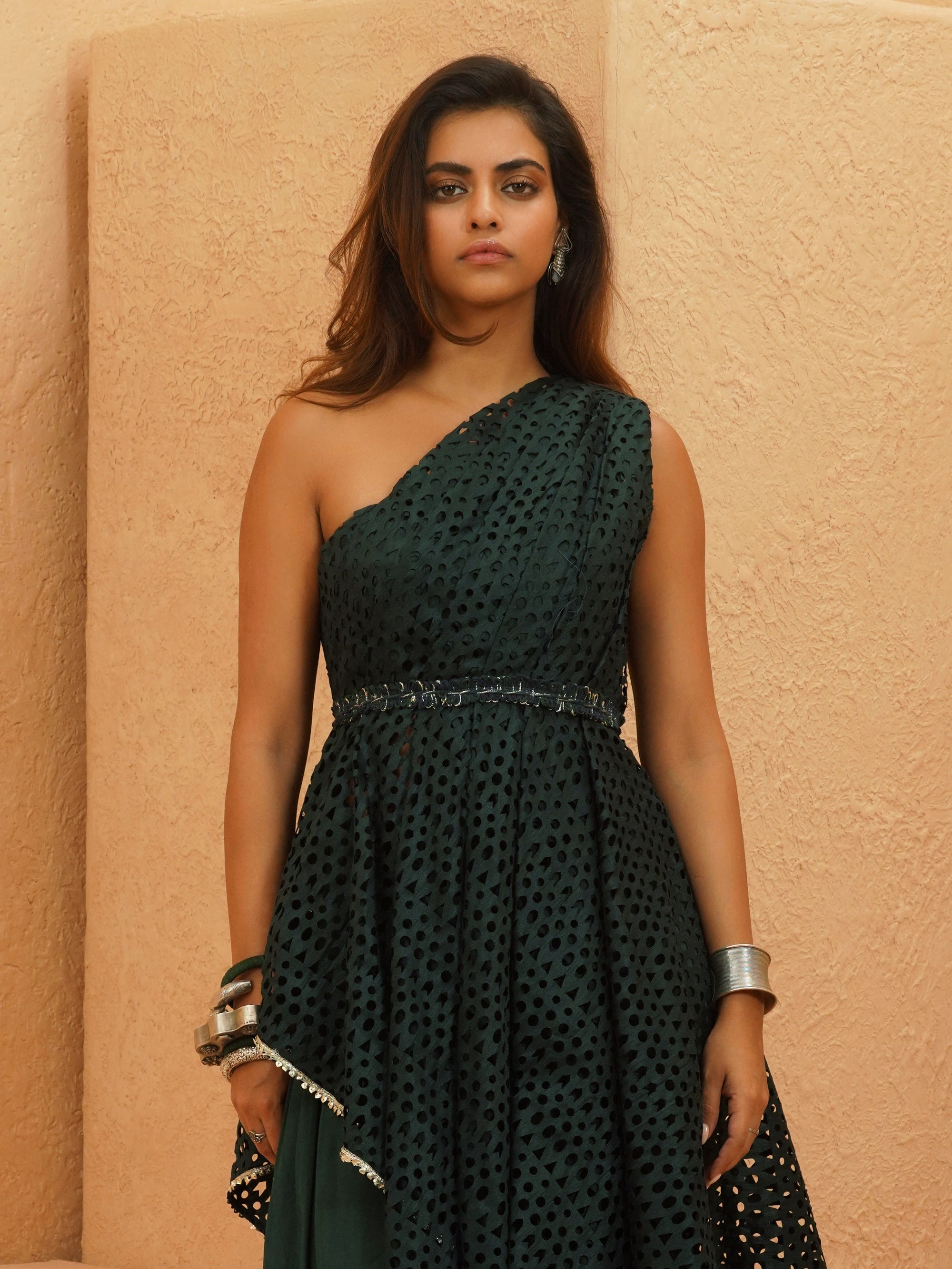 Rayan Cutwork One Shoulder Drape Top And Cowl Skirt