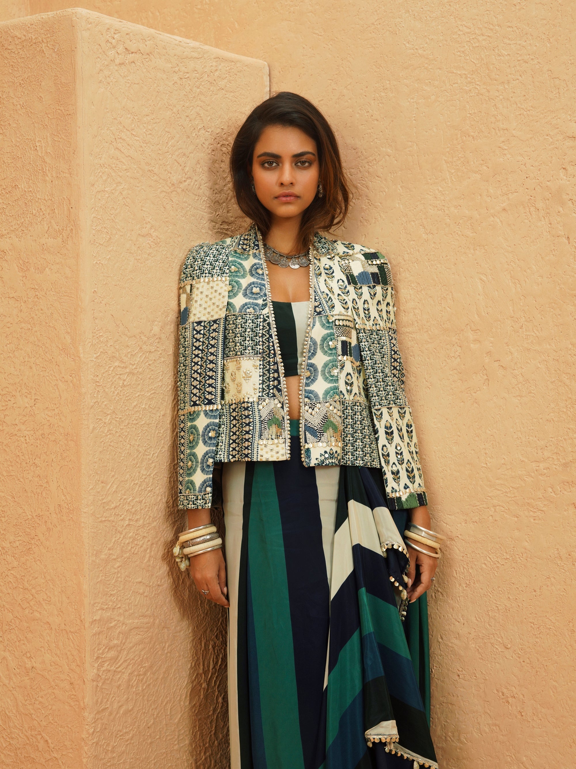 Afreen Cape Jacket With Printed Drape Skirt And Bustier