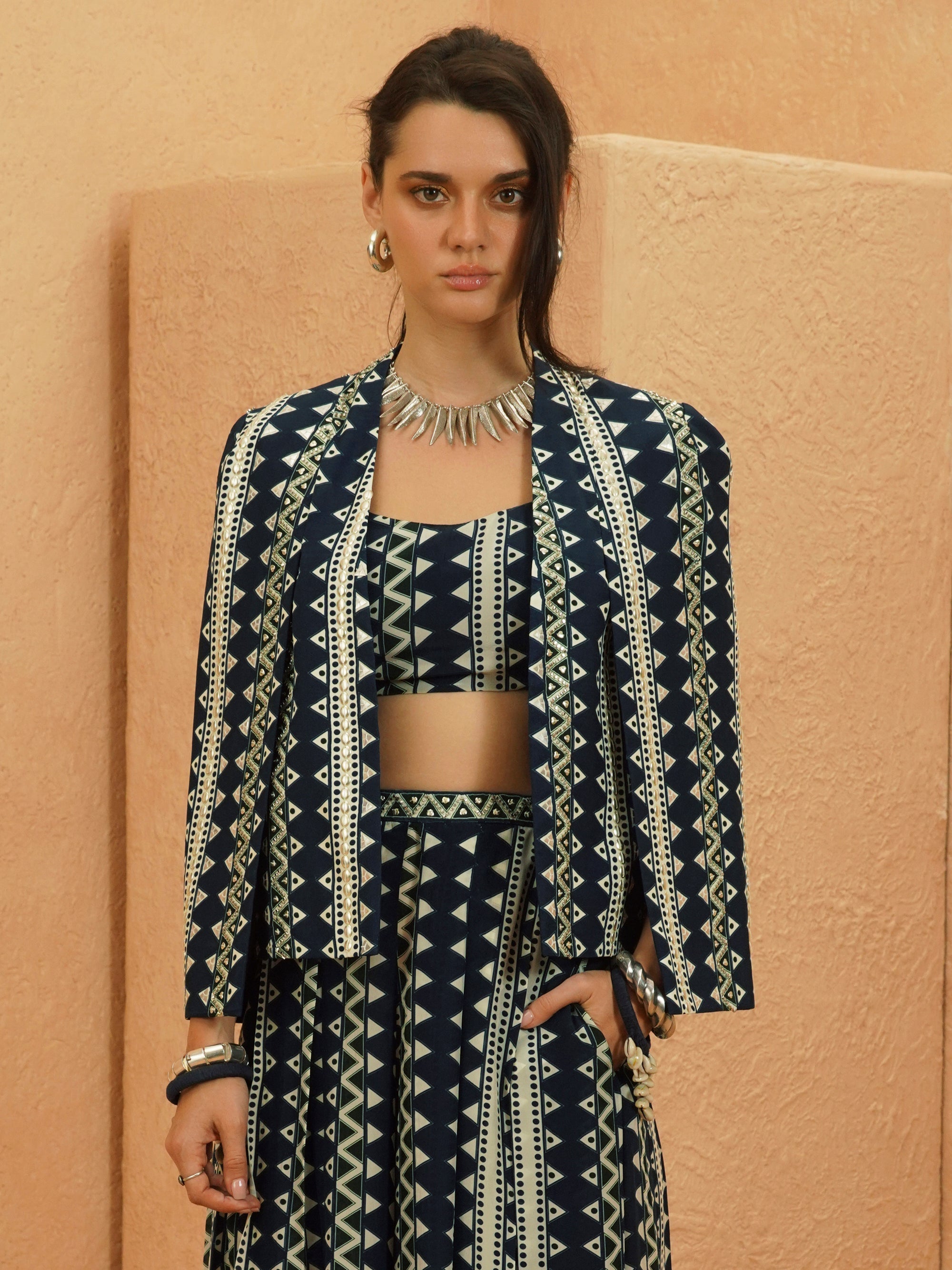 Noura Embellished Cape Jacket With Bustier And Flared Pant