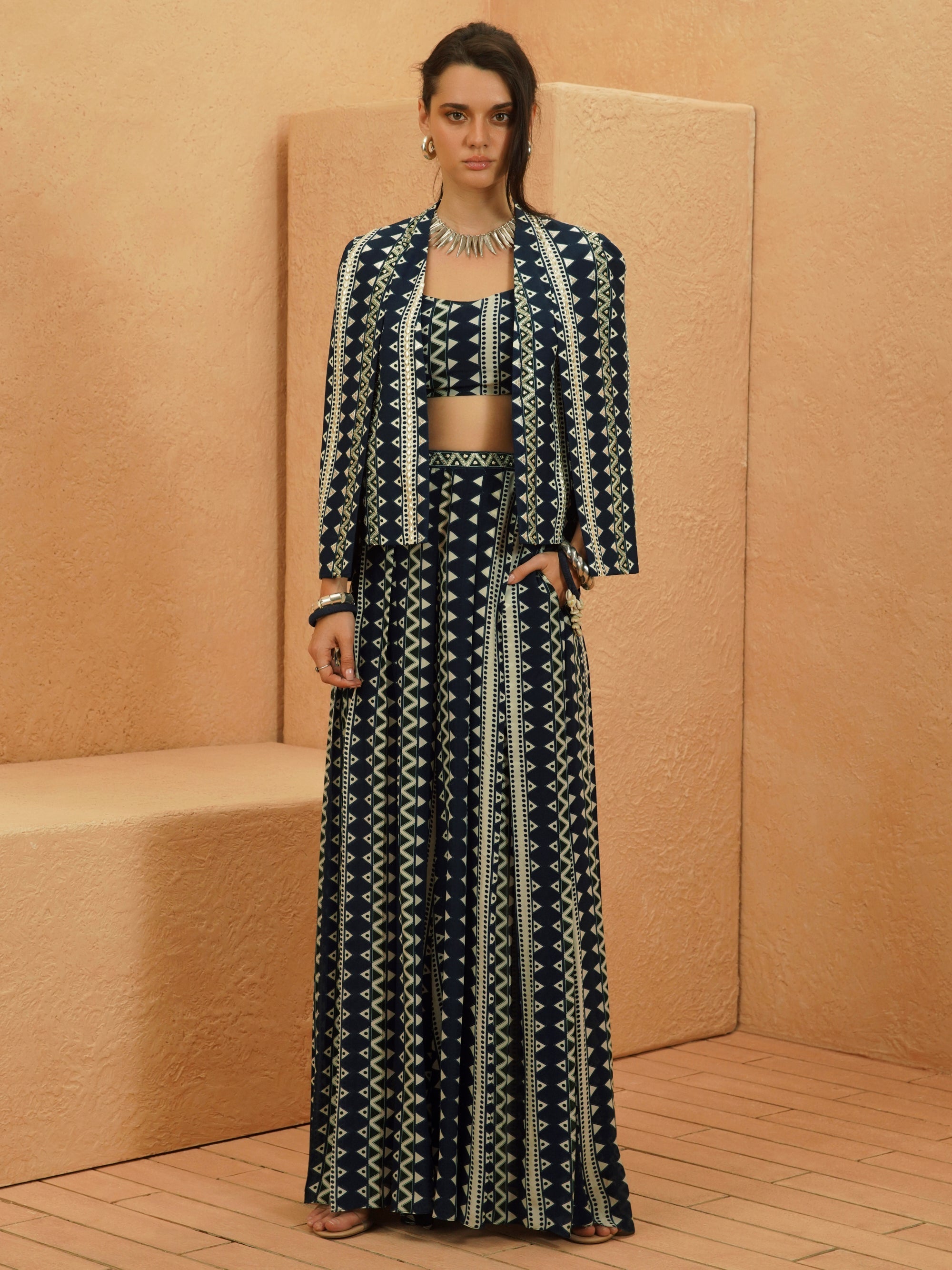 Noura Embellished Cape Jacket With Bustier And Flared Pant