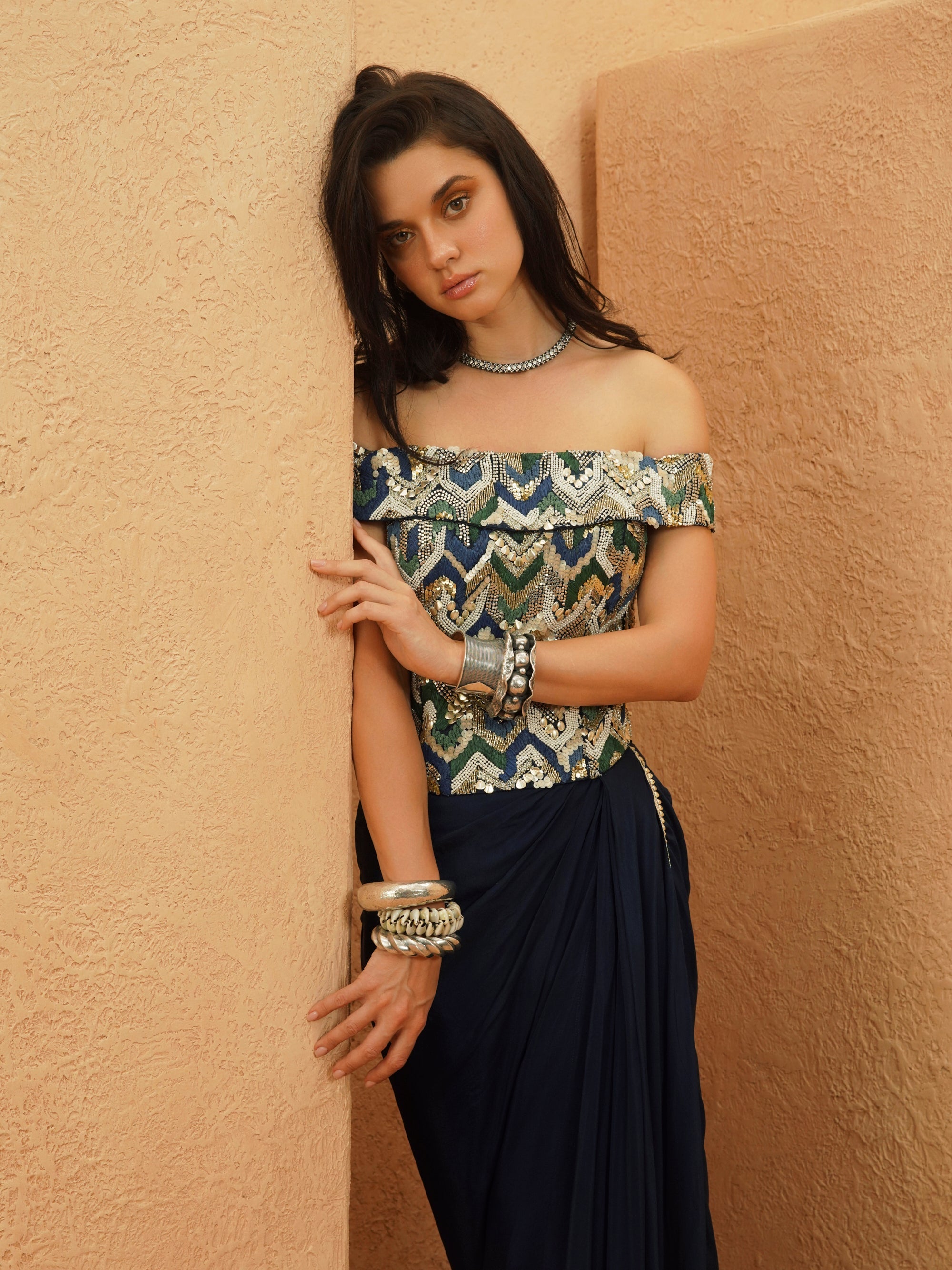 Taha Embellished Corset With Drape Skirt