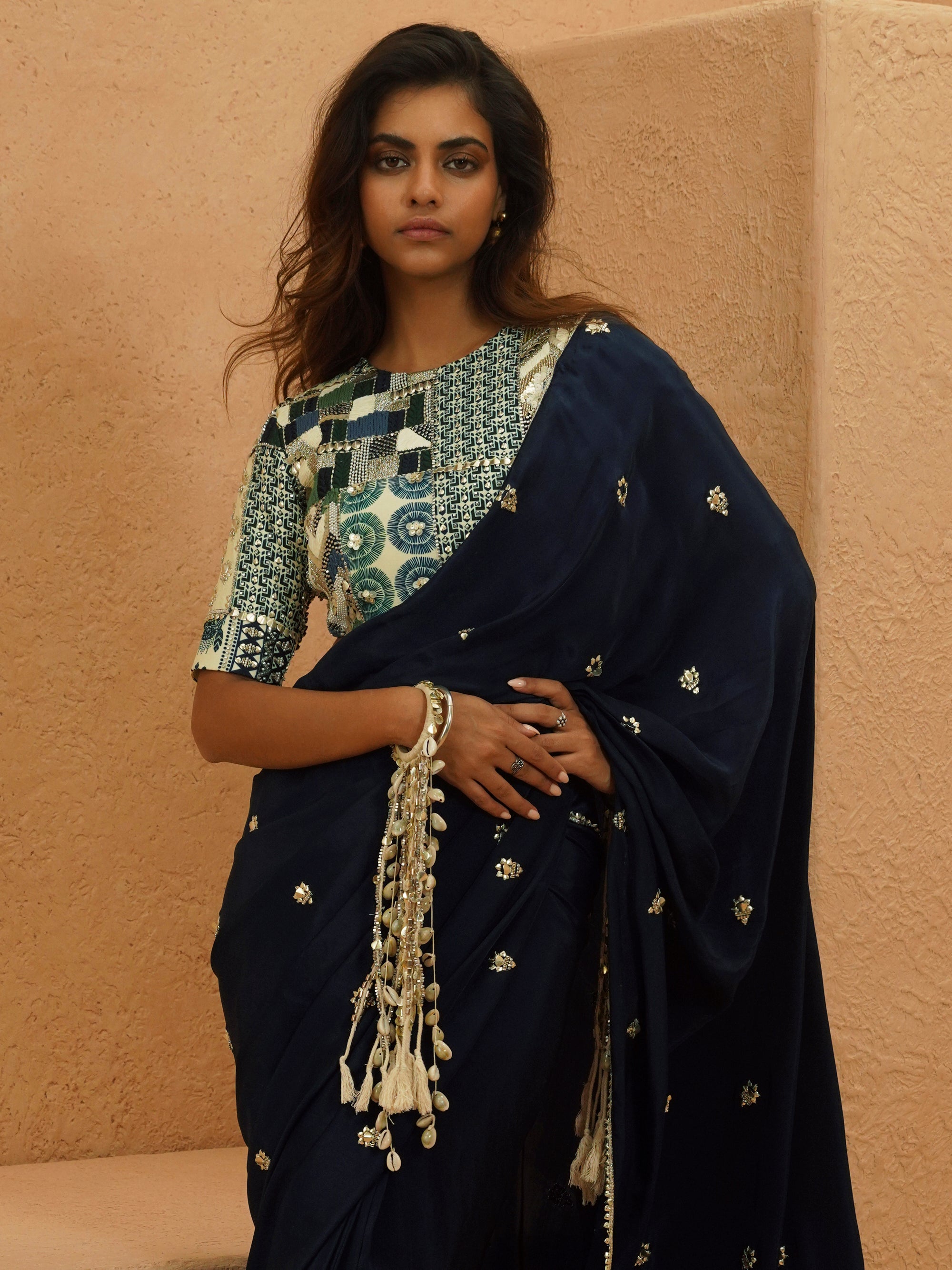 Layla Midnight Blue Embellished Saree With Patchwork Blouse