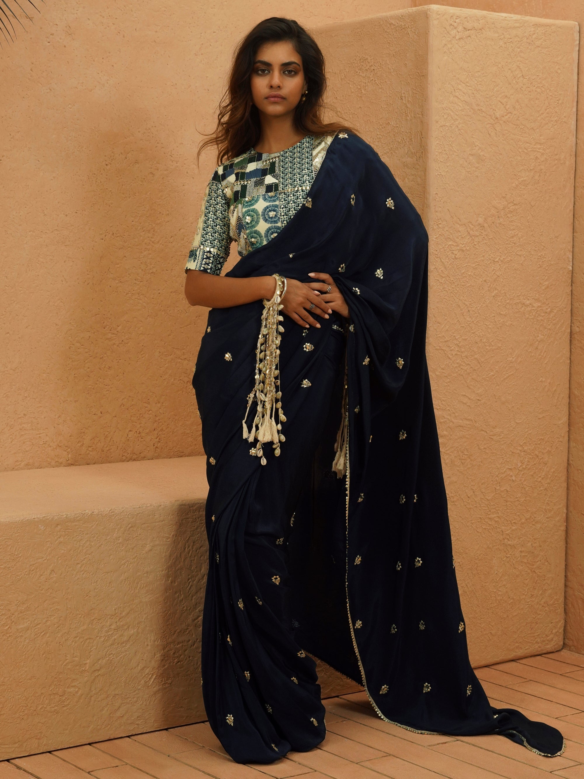 Layla Midnight Blue Embellished Saree With Patchwork Blouse