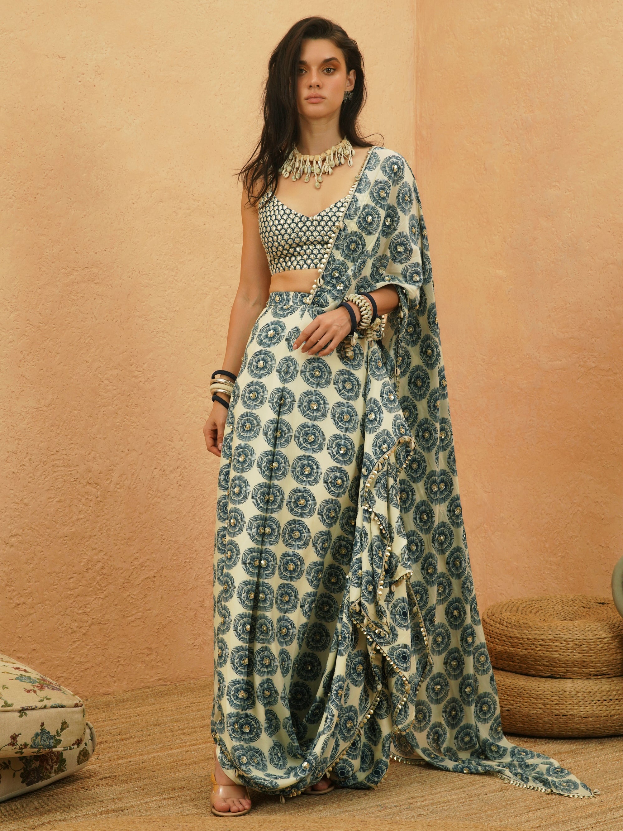 Zayan Embellished Drape Saree With Metallic Bustier