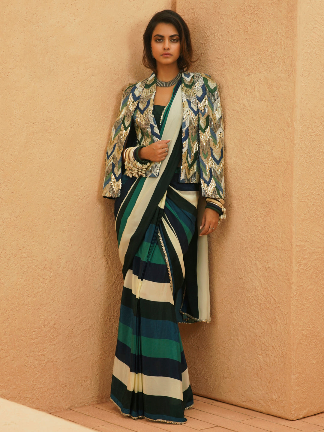 Suhana Stripe Saree Set With Embellished Cape Jacket