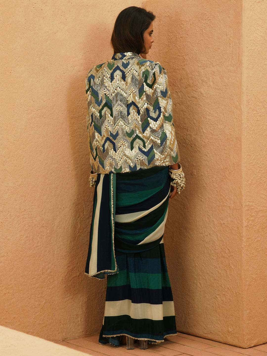 Suhana Stripe Saree Set With Embellished Cape Jacket