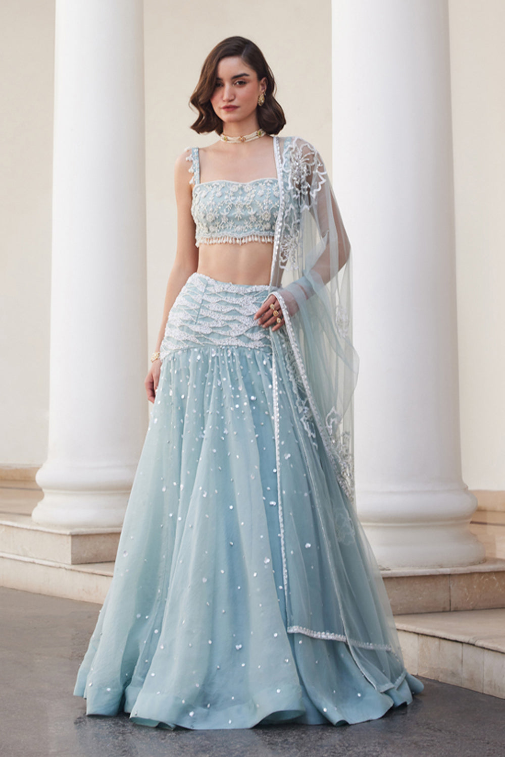Powder Blue Organza Skirt And Bustier Set