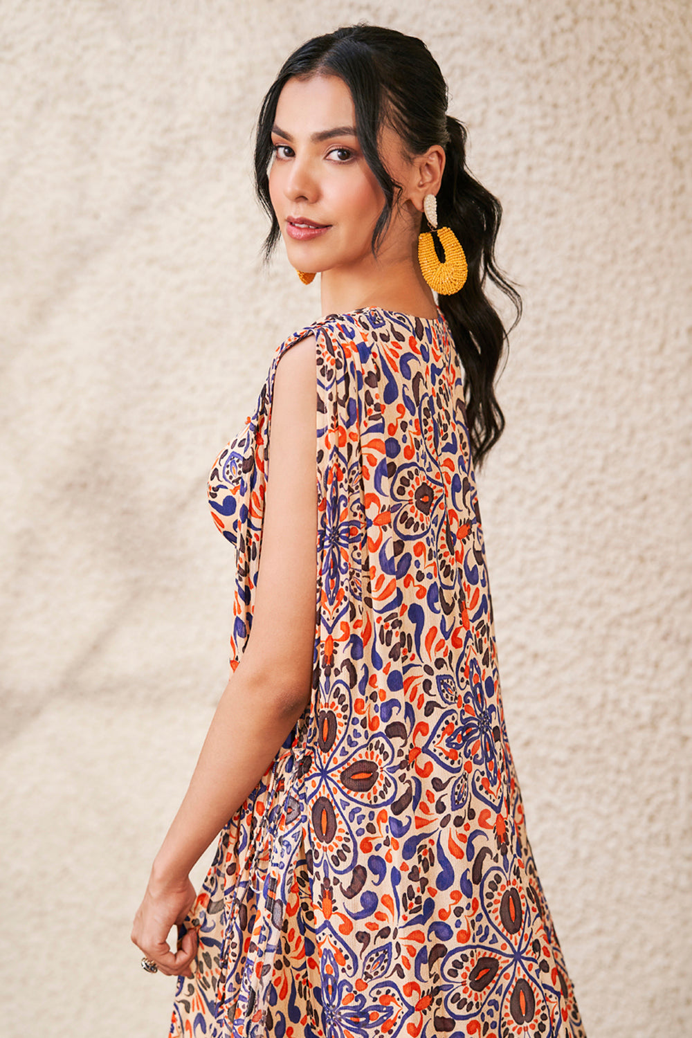 Moroccan Printed Bustier, Cape And Pants Set