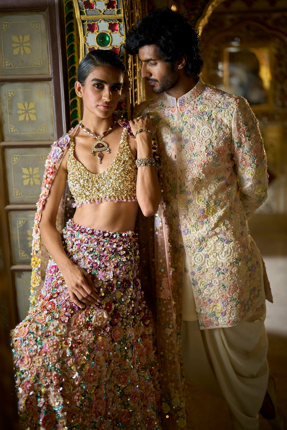 Ombre Multi-Coloured Three-Dimensional Floral Lehenga Set