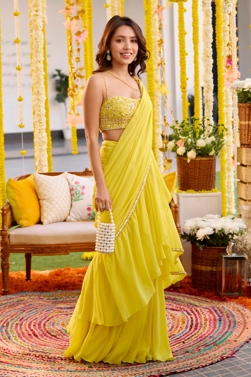 Sunshine Yellow Pre-Draped Saree