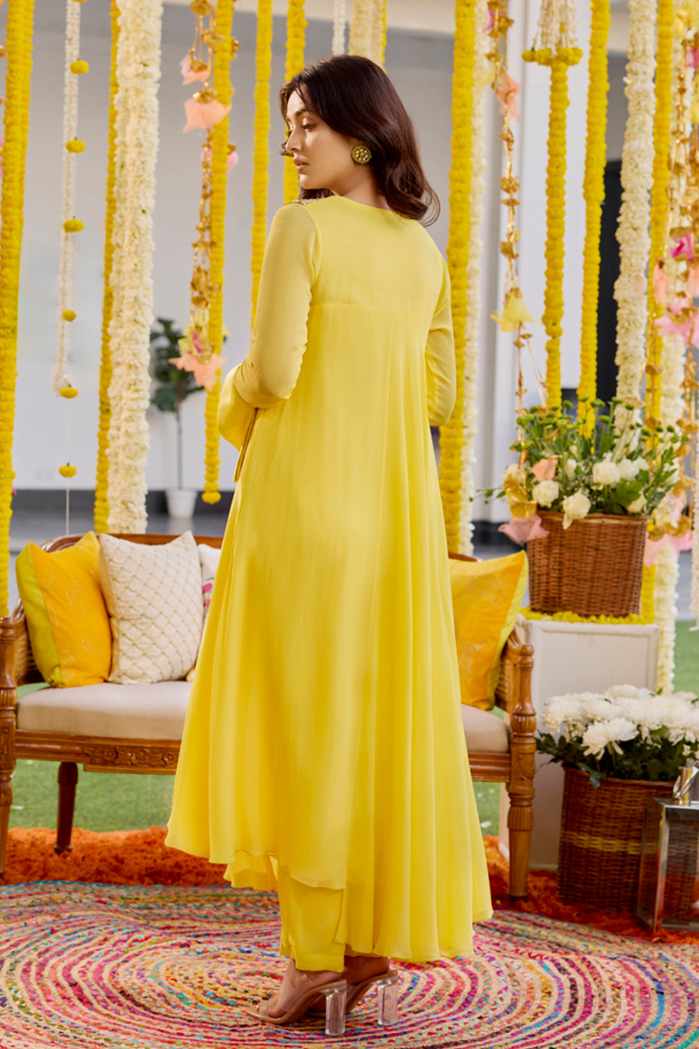 Sunshine Yellow Asymmetric Kurta With Pants Set