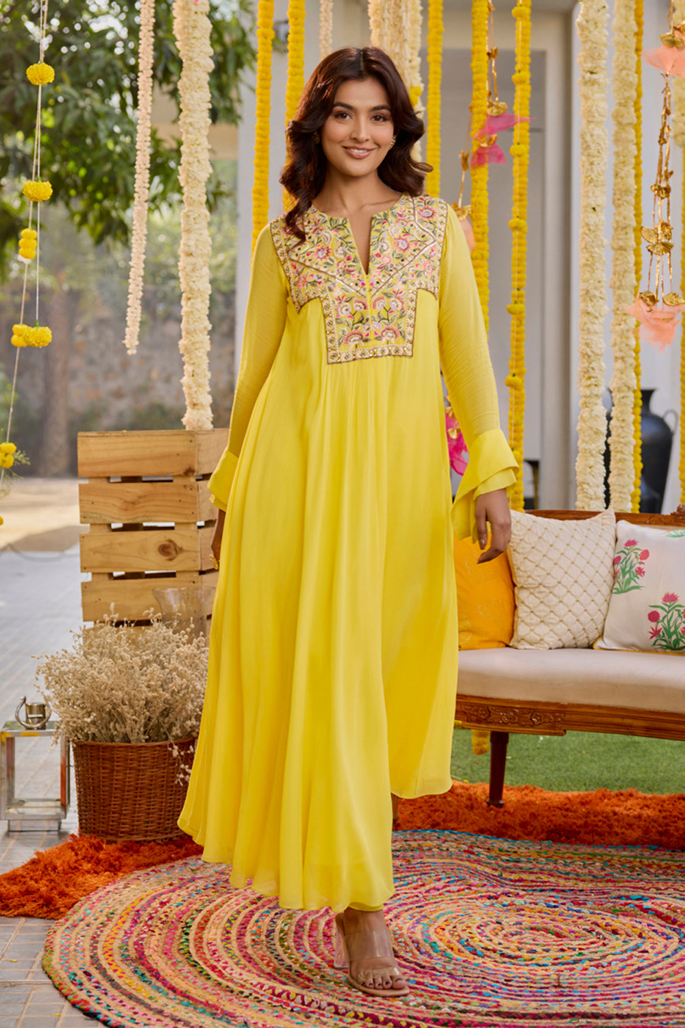 Sunshine Yellow Asymmetric Kurta With Pants Set